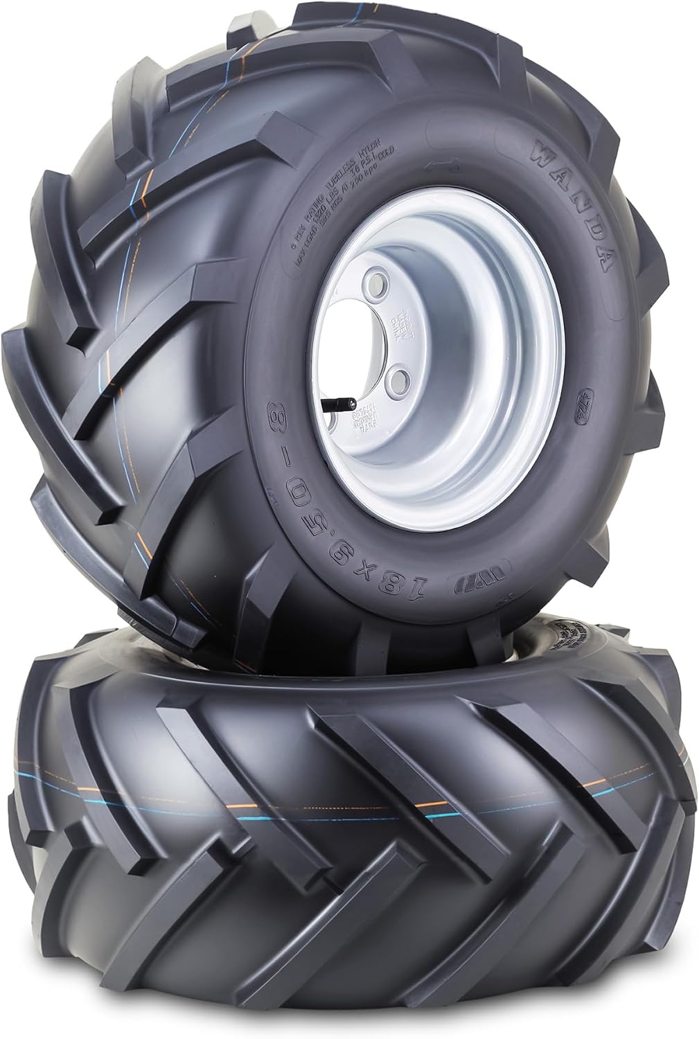WANDA Lawn Mower Tractor Tire Wheel Assembly 18X9.5-8 6-Ply with 4 Lugs on 4' PCD Silver Wheel-13070,SET 2