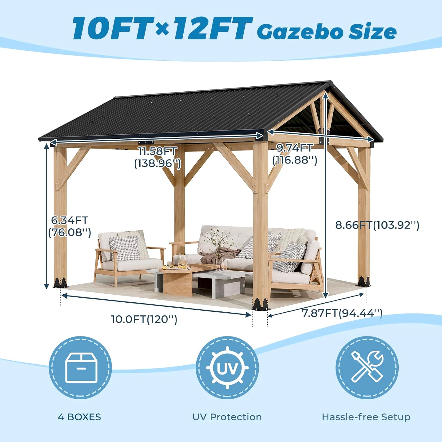 LVUYOYO 10' x 12' Wood Gazebo, Outdoor Hardtop Gazebo, Galvanized Steel Gable Roof Pergola, Outdoor Pavilion for Patio, Backyard, Garden, Deck