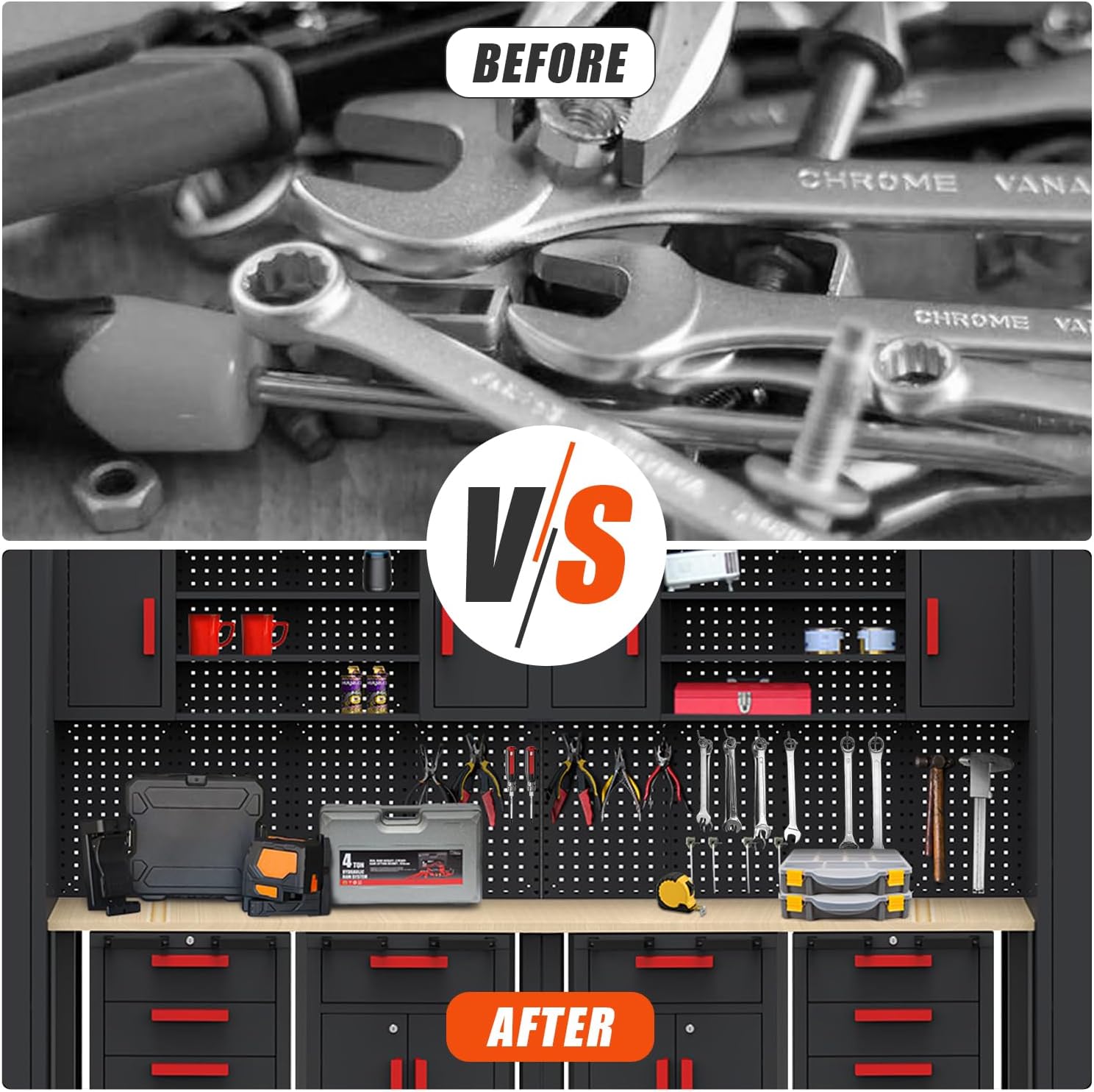 Garage Storage Cabinet System - 2 * 6-Pcs Workshop Set with Steel Cabinet Drawers, Rolling Chest, Workbench, Pegboard for Tool Organization