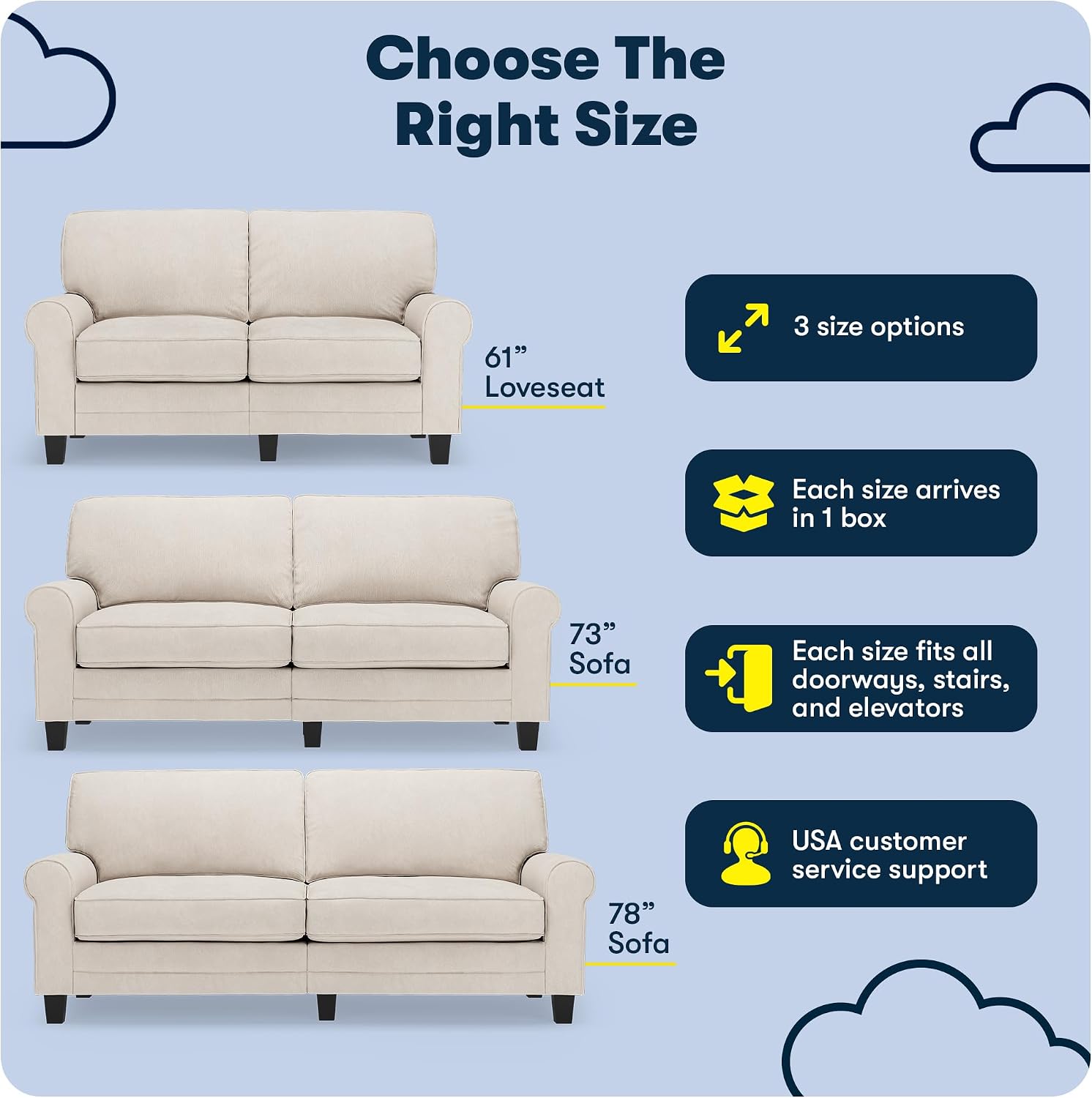 Serta Copenhagen 78' Rolled Arm Sofa, Easy Care Polyester, Soft Pillow Back, Pocket Coil Seat Cushions, Removable Covers, Loveseat or Couch for Small Spaces, Living Rooms or Bedrooms, Cream White