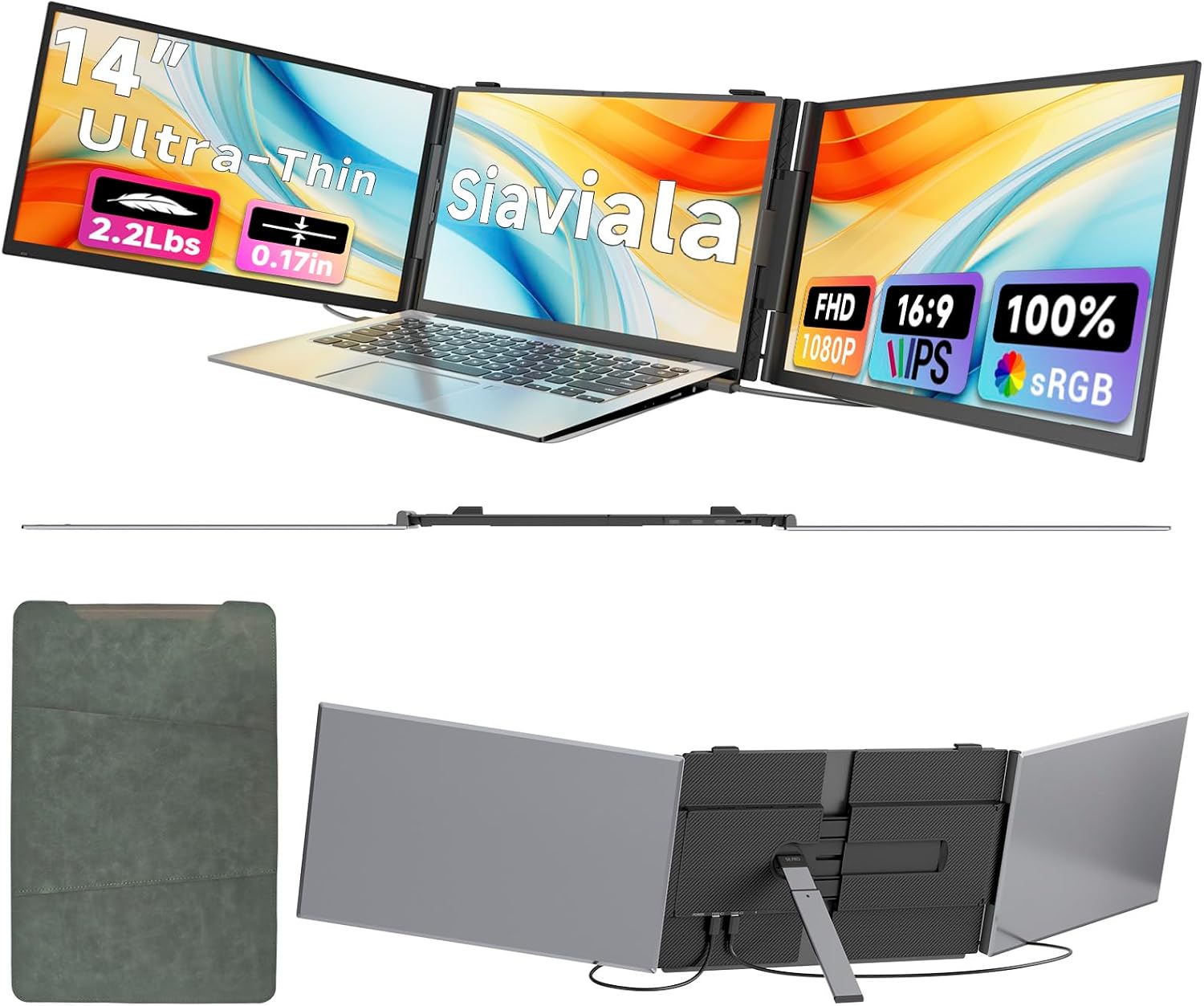 Laptop Screen Extender 0.17' Ultra-Thin, 14' 1080P FHD IPS Portable Monitor, Triple Screen Laptop Monitor Extender for 13'-17' Laptops, Plug & Play for Mac/Android/Chrome