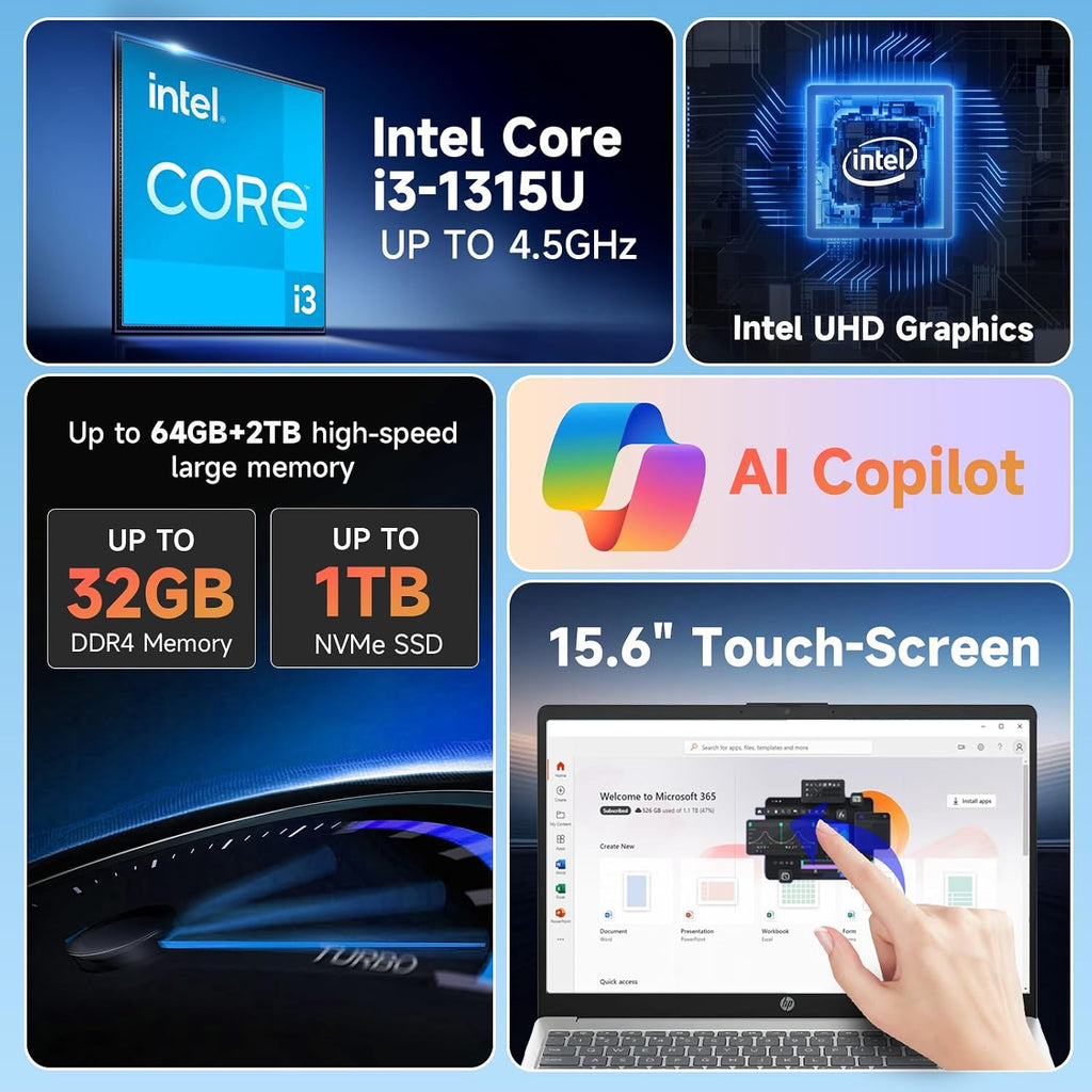 HP 15.6' Touchscreen Laptop for Business & Student, Intel 13th core i3(Up to 4.5GHz), 250 Nits Display, Win 11 Pro & Copilot AI, Wi-Fi 6 & BT 5.3, Fast Charge, Brand Mouse Kit (16GB RAM | 512GB SSD)