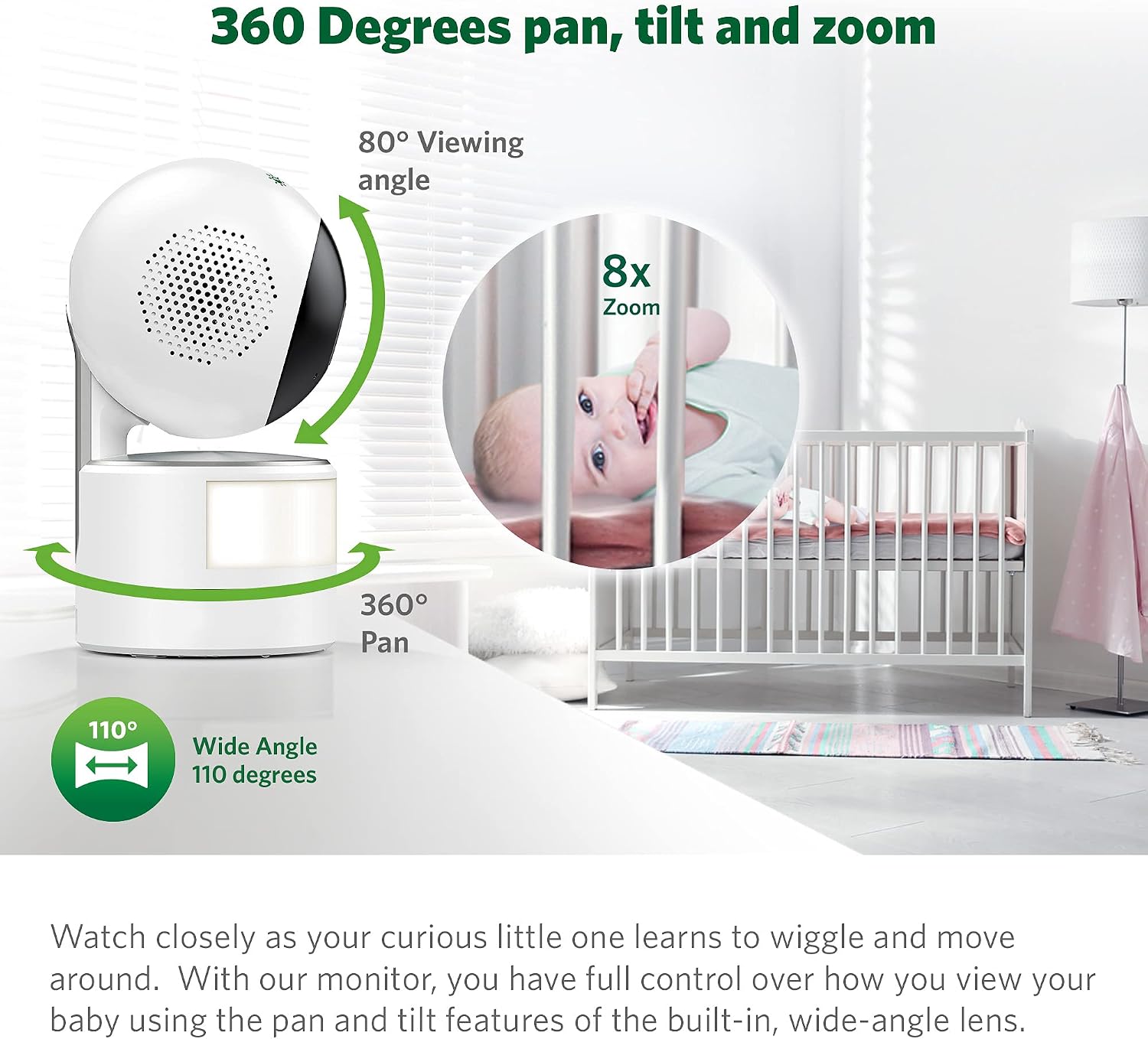 LeapFrog LF915HD Baby Monitor, 5' 720p Screen, 360° Pan & Tilt with 8X Zoom Camera, Color Night Vision, Night Light, Two-Way Intercom, Secure Transmission No WiFi