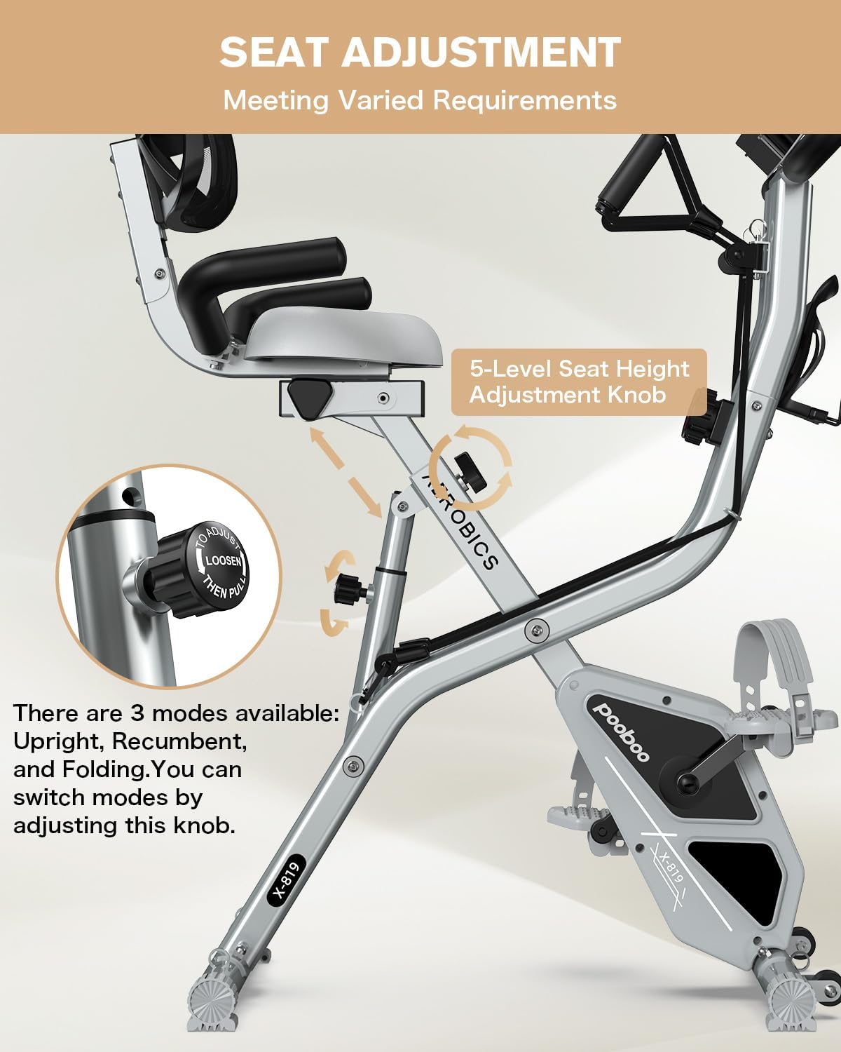pooboo Folding Exercise Bike, Foldable Upright Stationary Bike, Indoor Cycling Magnetic X-Bike with 8-Level Adjustable Resistance, 6.6 LBS Flywheel, 300LB Capacity, Back Support Cushion for Home Gym