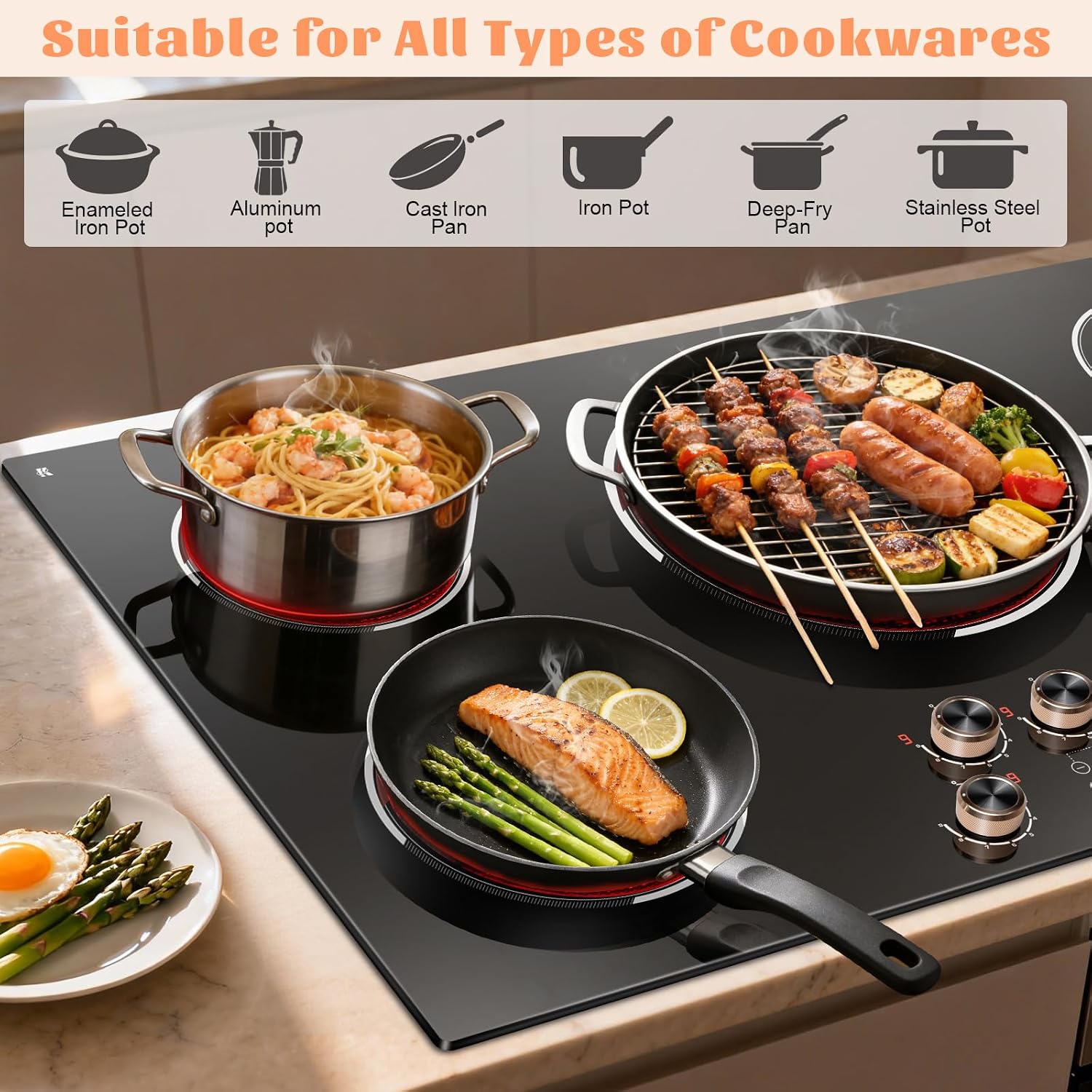 36 Inch Electric Cooktop 220V, 9200W Powerful 5 Burner Electric Stove Top, Built-in Ceramic Cooktop 36' with Dual/Triple Ring Burner, Knob & Touch Control, Safety Lock, 220-240V Hard Wire