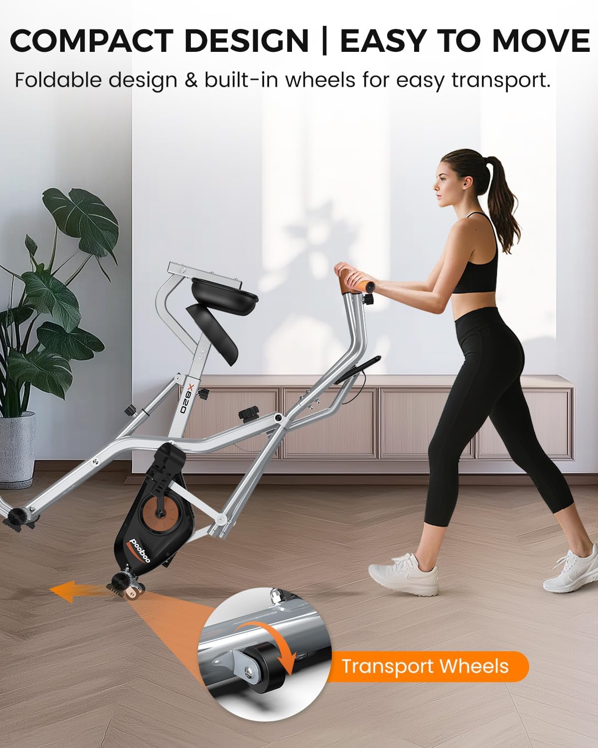 pooboo Folding Exercise Bike, Foldable Upright Stationary Bike, Indoor Cycling Magnetic X-Bike with 8-Level Adjustable Resistance, 6.6 LBS Flywheel, 300LB Capacity, Back Support Cushion for Home Gym