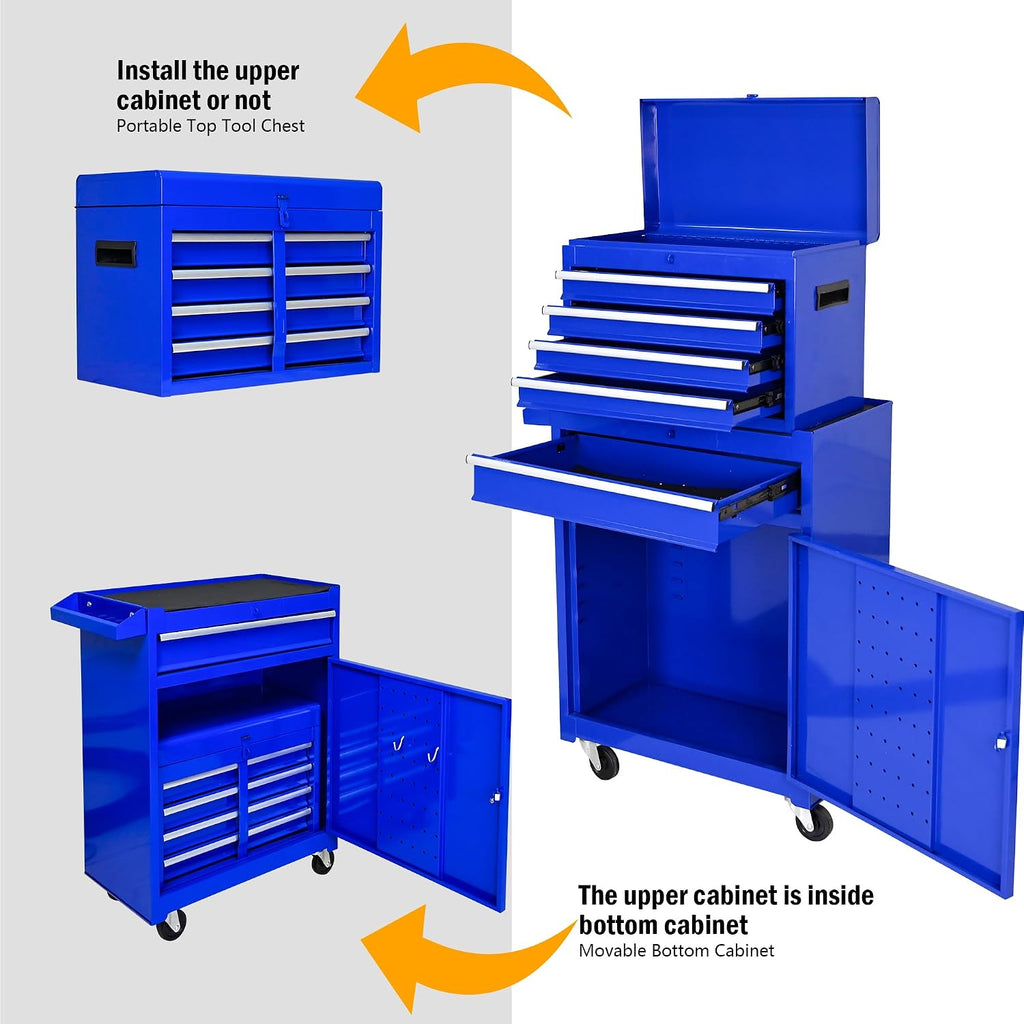 5-Drawer Tool Chest, Rolling Tool Box with Detachable Top Toolbox & Universal Wheels, Tool Cabinet with Lock Bar, Protective Liner & Tool Rack, Metal Storage Cart for Garage,Workshop (Blue)
