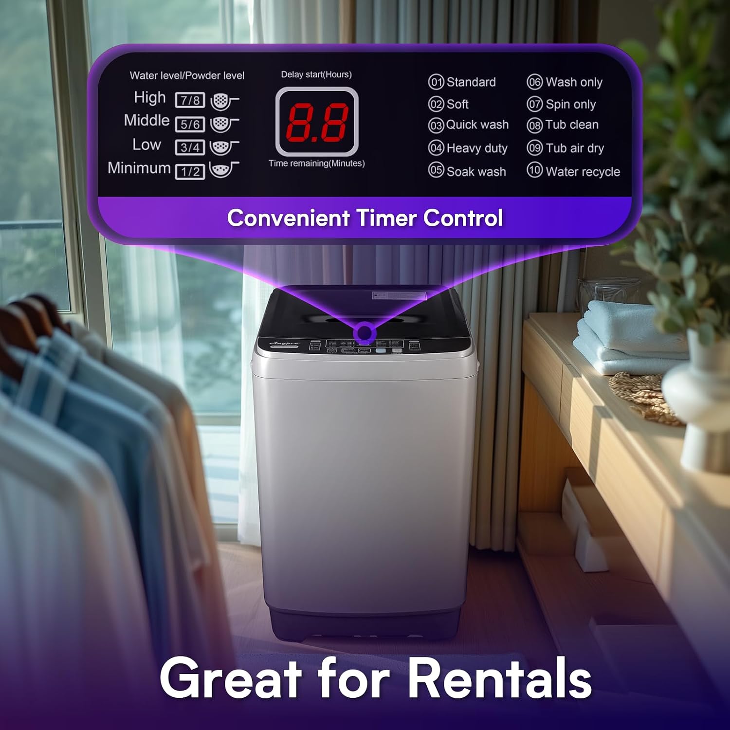 Anypro Portable Clothes Washing Machines 17.8LBS Full Automatic Washer and Spinner Combo with 10 Programs and 8 Water Levels, Compact Laundry Wash Machine for Apartment RV Dorm Home, Grey