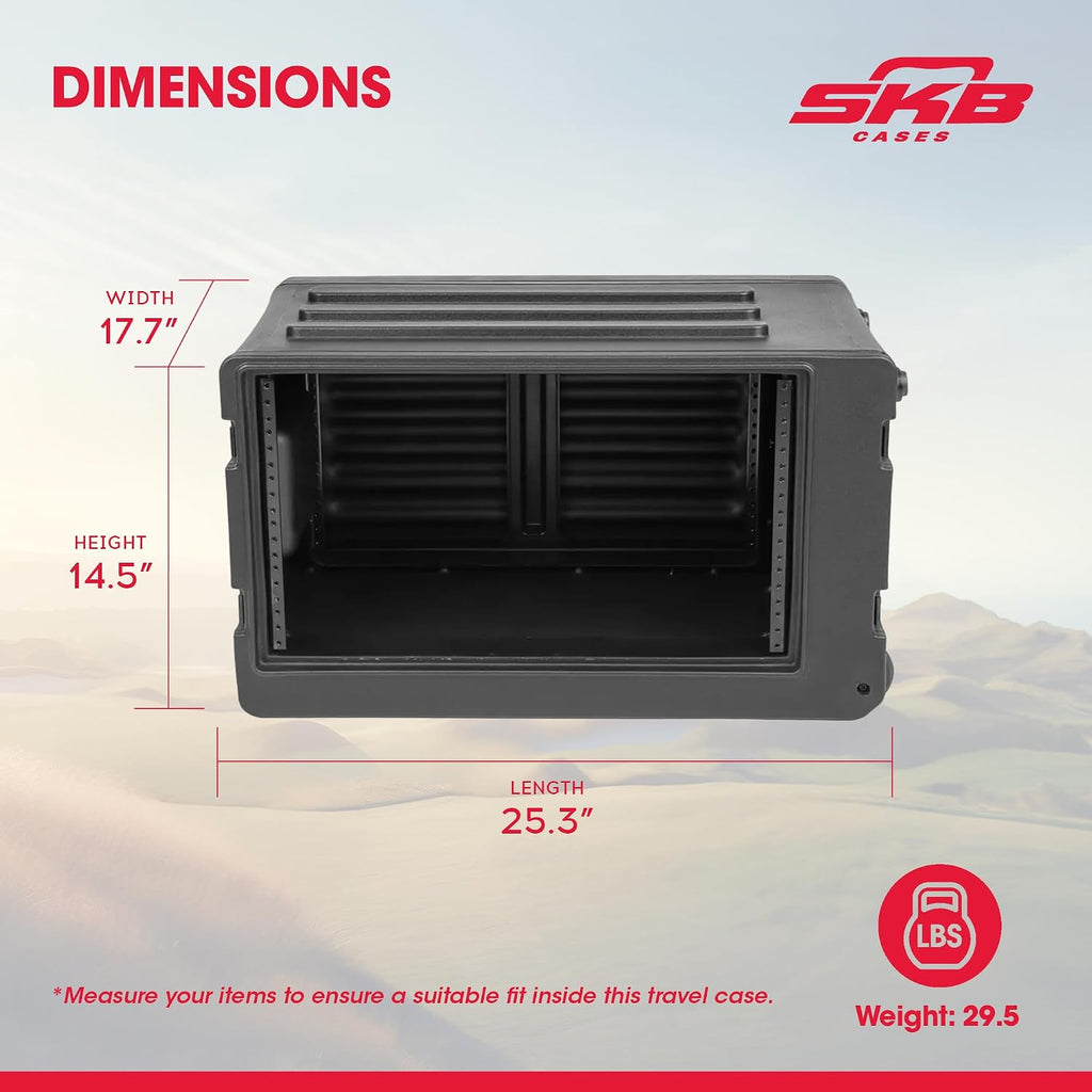 SKB 6U rSeries Shallow Rolling Rack with Integrated Back Wheels and 1-Touch Pull Handle, Comes with 8 Rack Units and Interlocking Molded Stacking Bars
