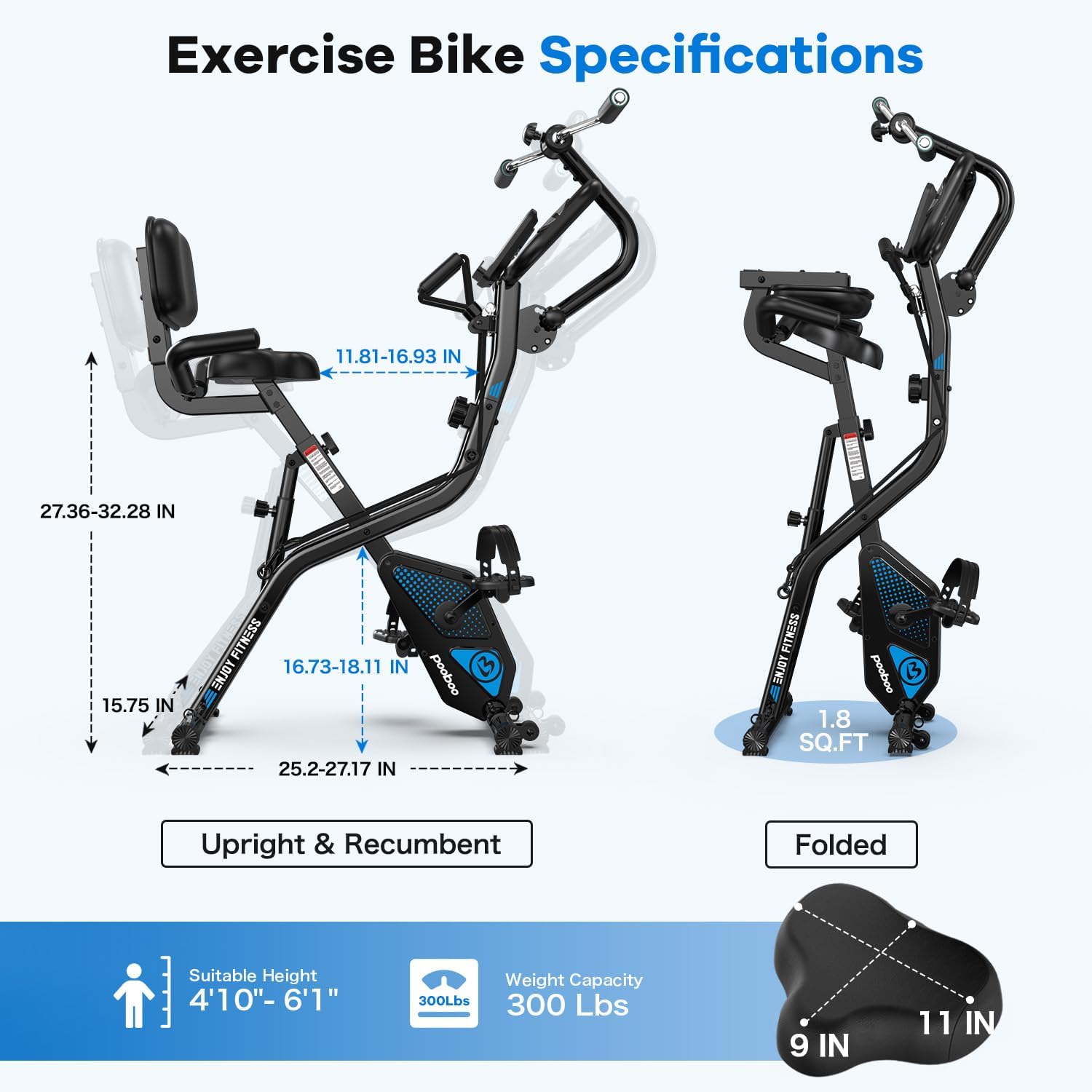 pooboo Folding Exercise Bike, Foldable Upright Stationary Bike, Indoor Cycling Magnetic X-Bike with 8-Level Adjustable Resistance, 6.6 LBS Flywheel, 300LB Capacity, Back Support Cushion for Home Gym