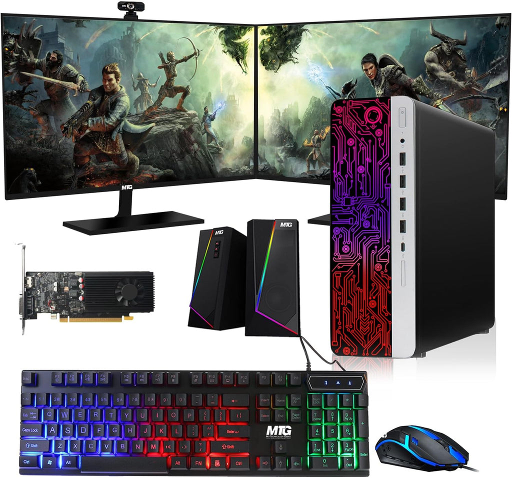 HP G3 Gaming Desktop PC, Core i7 6th Gen, GT 1030 Graphic, 16GB RAM, 1TB SSD, New Dual MTG 24-inch Monitor, RGB Keyboard Mouse, Speaker, Webcam, WiFi, Windows 11 Pro (Renewed)