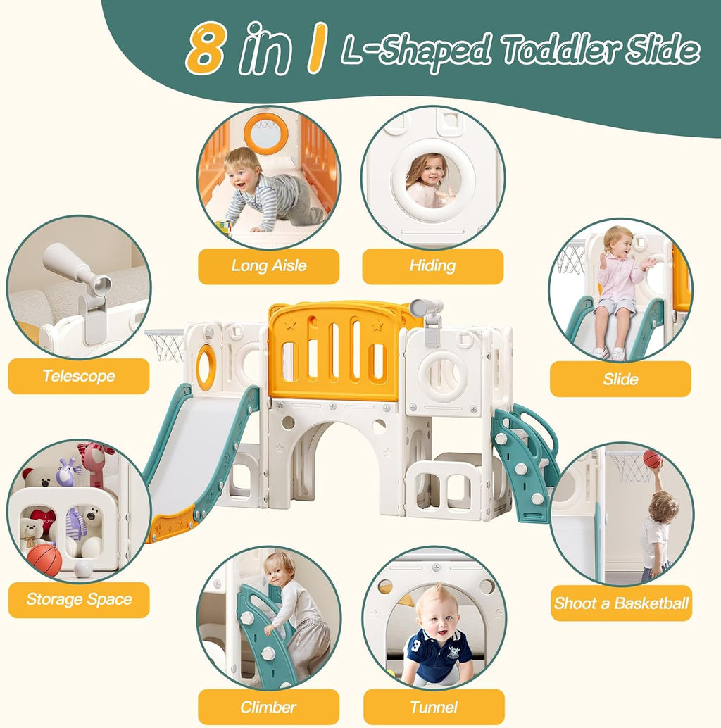 8 in 1 Toddler Slide,Kids Climber Slide with Storage Space and Non-Slip Steps,Indoor Outdoor Playset with Basketball Hoopa and Telescope,Slide for Toddlers 3+