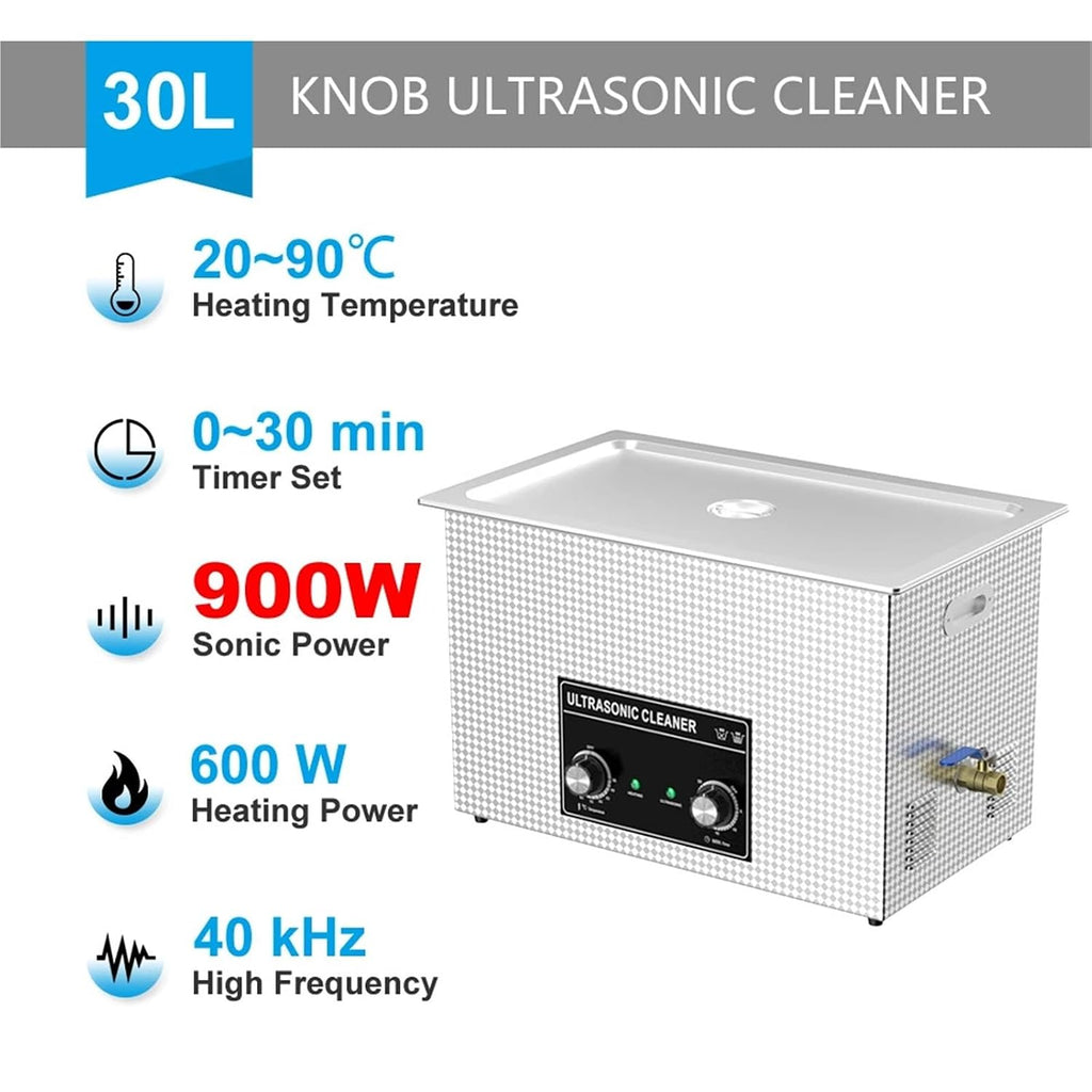 30L 900W Ultrasonic Cleaner 110V/220V Industrial Compatible with Injector Engine Auto Parts Lab PCB Cleaner Washing Machine(100-780W,UK)