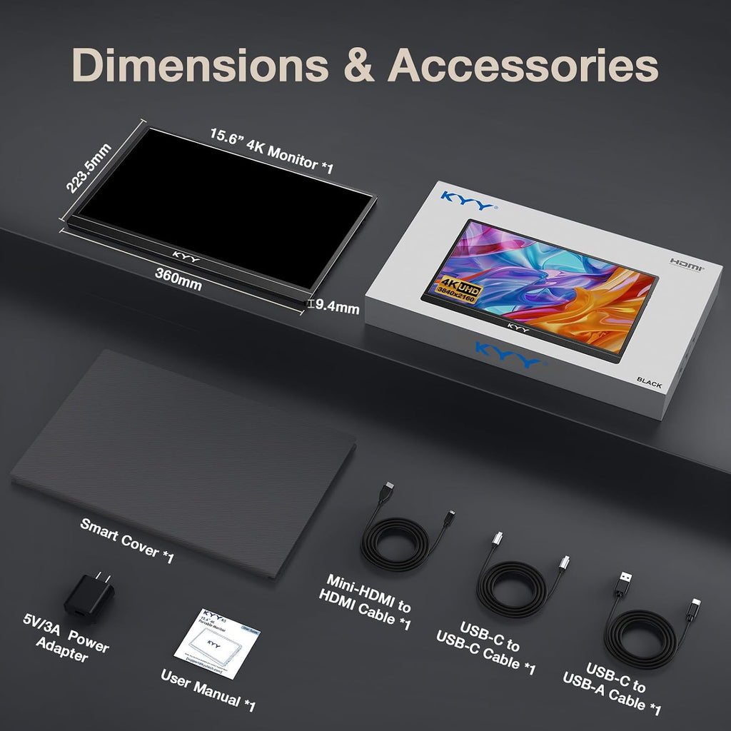 KYY 4K Portable Monitor – 15.6' UHD IPS Travel Display, Slim & Lightweight Design, HDMI & USB-C Inputs, Perfect for PS5, Xbox, Switch, Laptops, Phones, and On-the-Go Professionals, K5