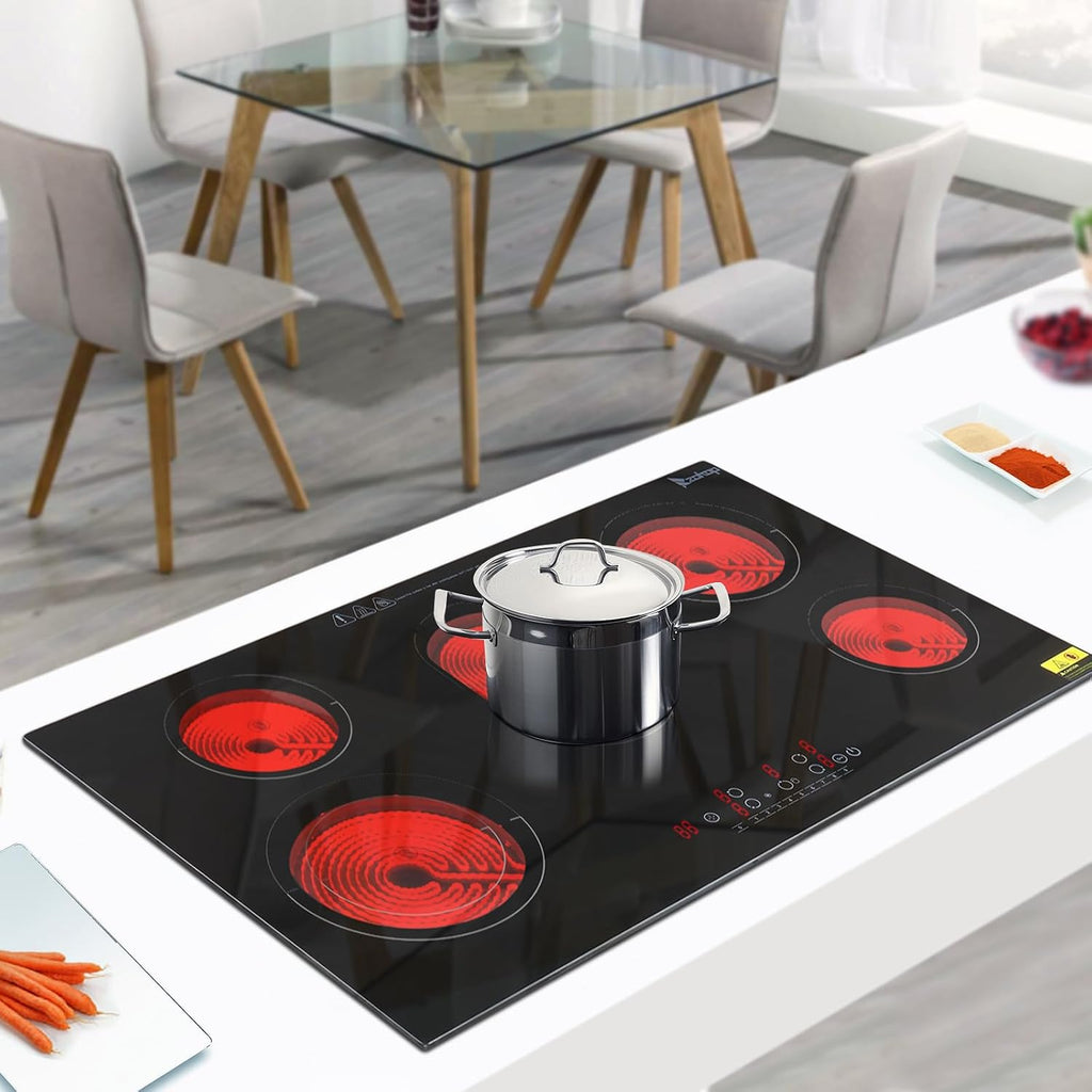 Winado 5 Burners Electric Ceramic Cooktop 35 inch, 220-240V Flat Top Stove, Multi-function Elecric Stovetop w/9 Heating Level, Timer & Kid Safety Lock, Sensor Touch Control, Timer Setting, 8600W