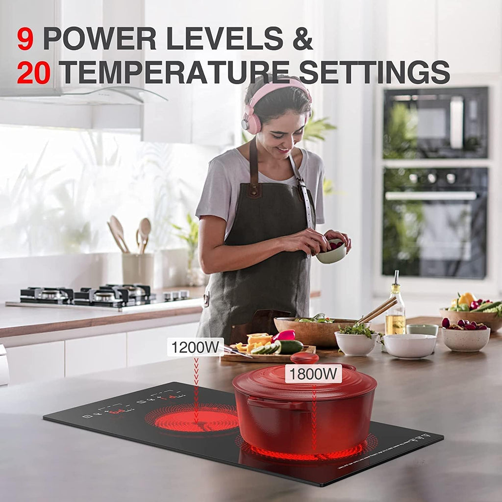 Electric Cooktop 2 Burner, 3000W Electric Stove Top 12' Plug in, 220-240V Burner Countertop and Bulit in,9 Power Levels,Suitable for All Pans,Infrared Burner