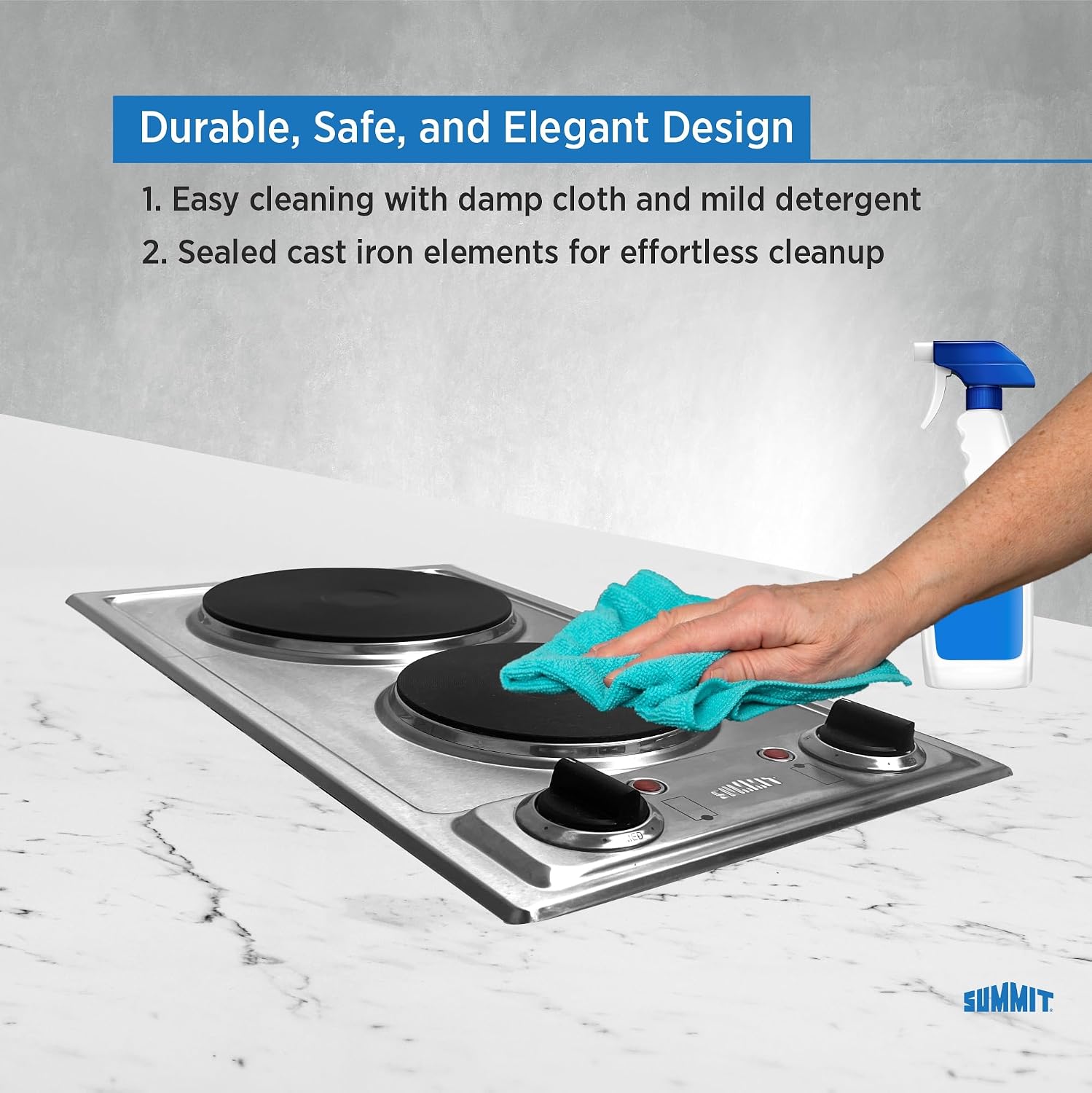 Summit 12' 2 Burner Electric Cooktop. 115 Volt Solid Disk Cooktop, ADA compliant, Stainless Steel, Cast Iron- CSD2B115