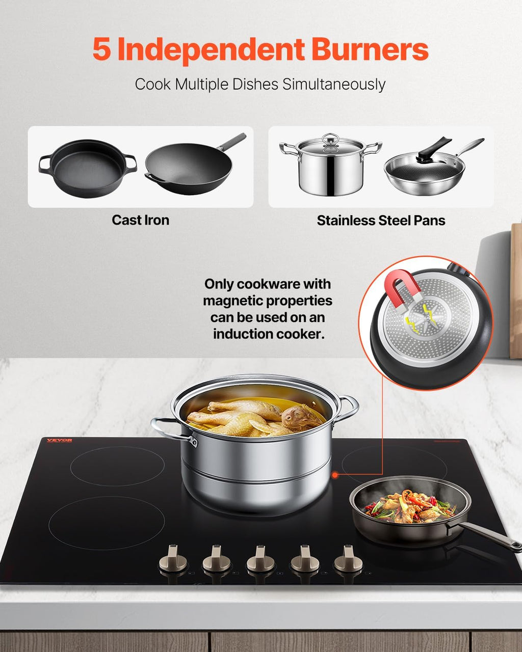 VEVOR SK-92IHA36CK04 9200W Electric Countertop Burner Knob Control Stove, Built-in Induction Cooktop with 12 Temperature Settings, Glass Surface, Auto Shut-Off, 36in 5 Burners/220V, Black