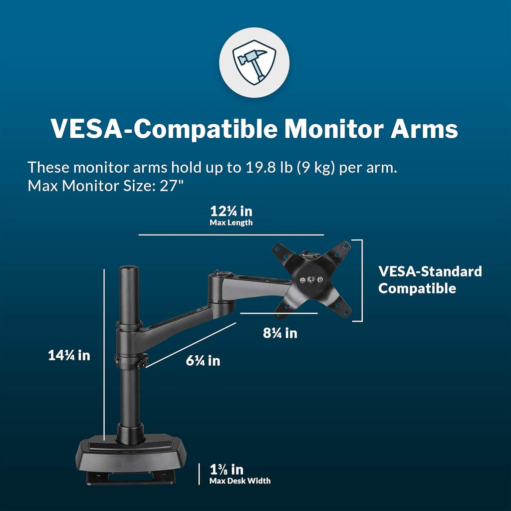 Vari Dual Monitor Arm 180 Degree - VESA Compatible Mount w/ 180 Degree Adjustment - Monitors up to 27 inches, 19.8 lbs - Double Arms for Compact Spaces - Computer Monitor Stand for Home or Office
