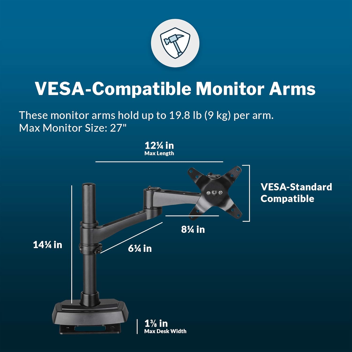 Vari Dual Monitor Arm 180 Degree - VESA Compatible Mount w/ 180 Degree Adjustment - Monitors up to 27 inches, 19.8 lbs - Double Arms for Compact Spaces - Computer Monitor Stand for Home or Office