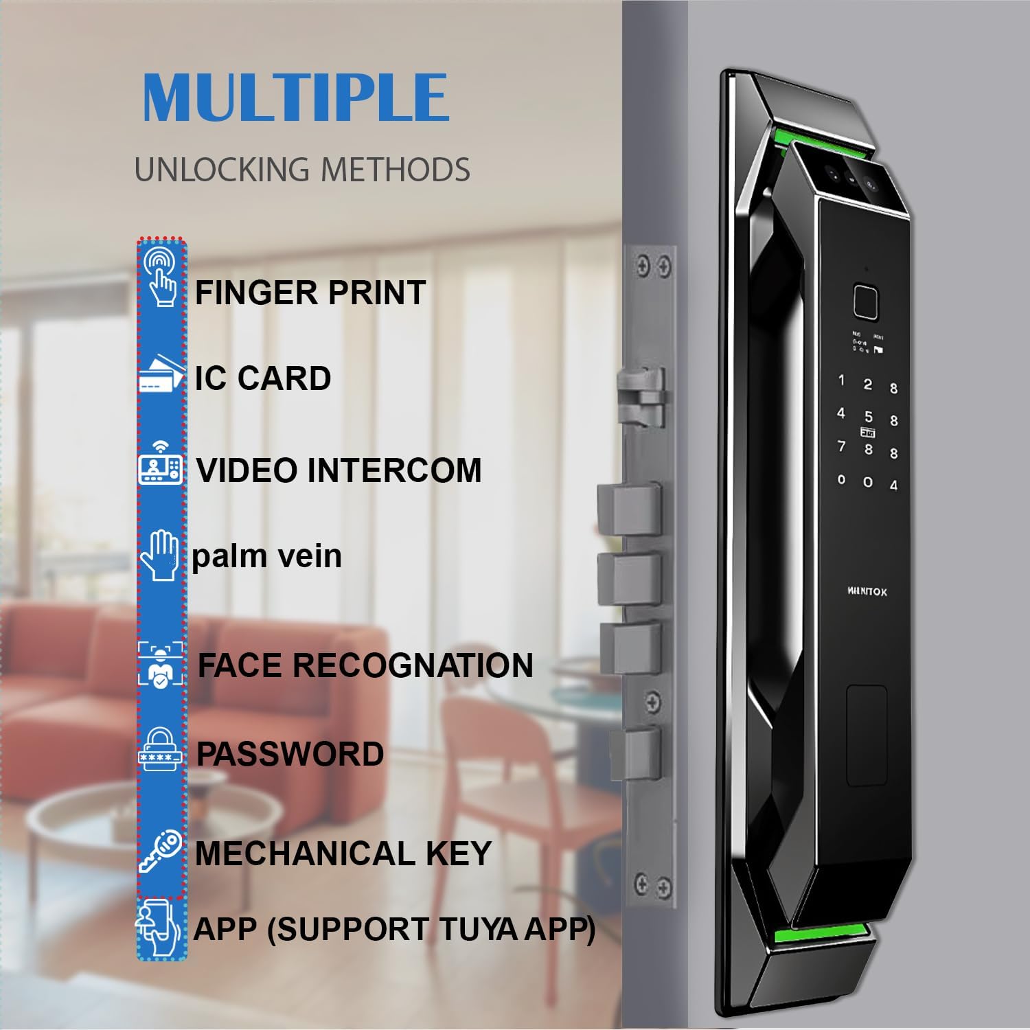 Smart Door Lock with Camera: 3D Face Recognition, Palm Vein, Video Intercom with 1080p HD Camera, Motion Detection, Keyless Entry, Fingerprint, Passcode, IC Card, Doorbell, Tuya App, Supports Alexa