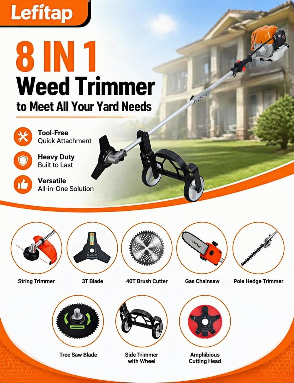 8-in-1 Weed Eater Gas Powered - 52CC 2-Stroke Multi-Functional Trimming Tool Set, String Trimmer, Hedge Trimmer, Edger, Brush Cutter, Pole Chainsaw Pruner with Extension Pole for Yard, Garden