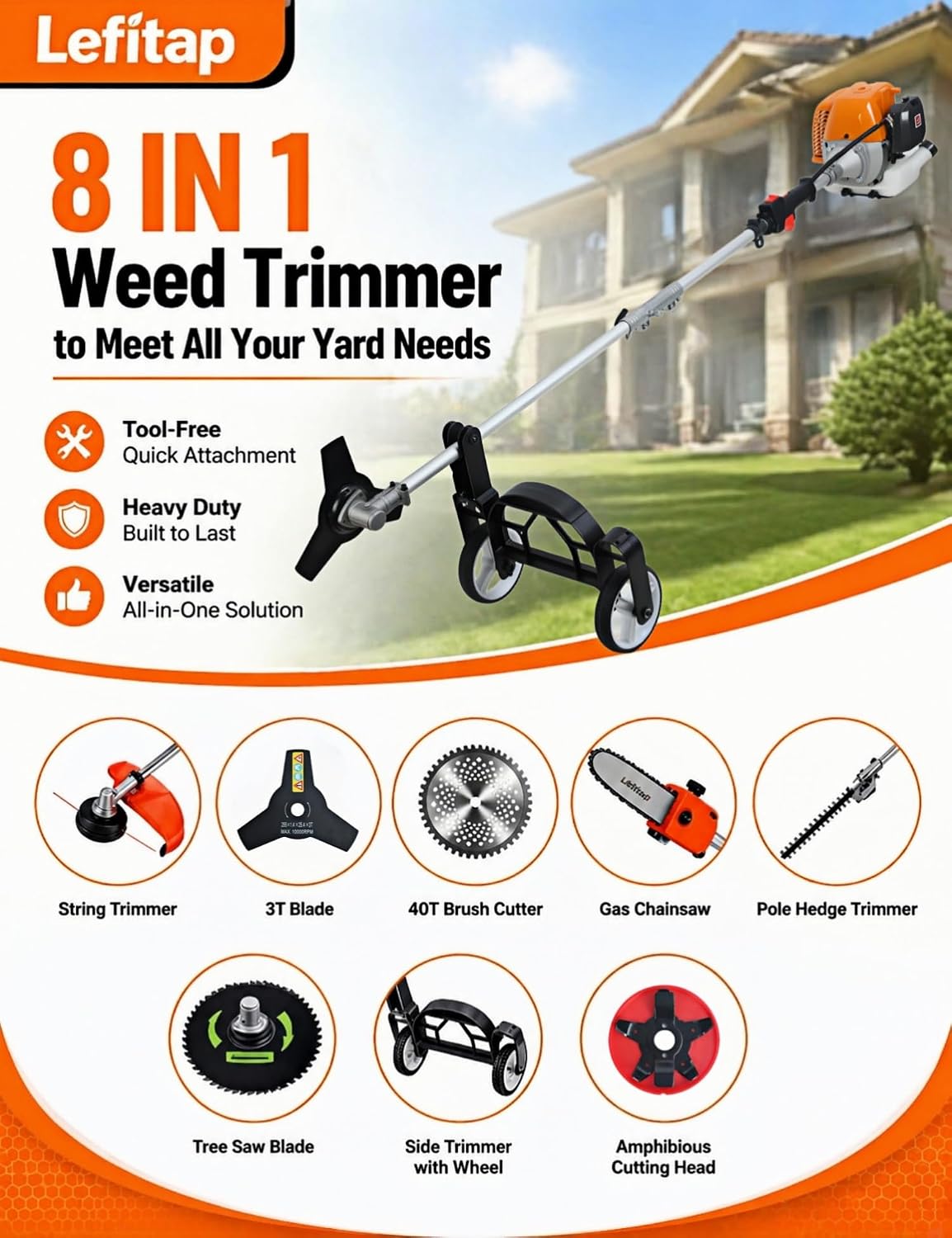 8-in-1 Weed Eater Gas Powered - 52CC 2-Stroke Multi-Functional Trimming Tool Set, String Trimmer, Hedge Trimmer, Edger, Brush Cutter, Pole Chainsaw Pruner with Extension Pole for Yard, Garden