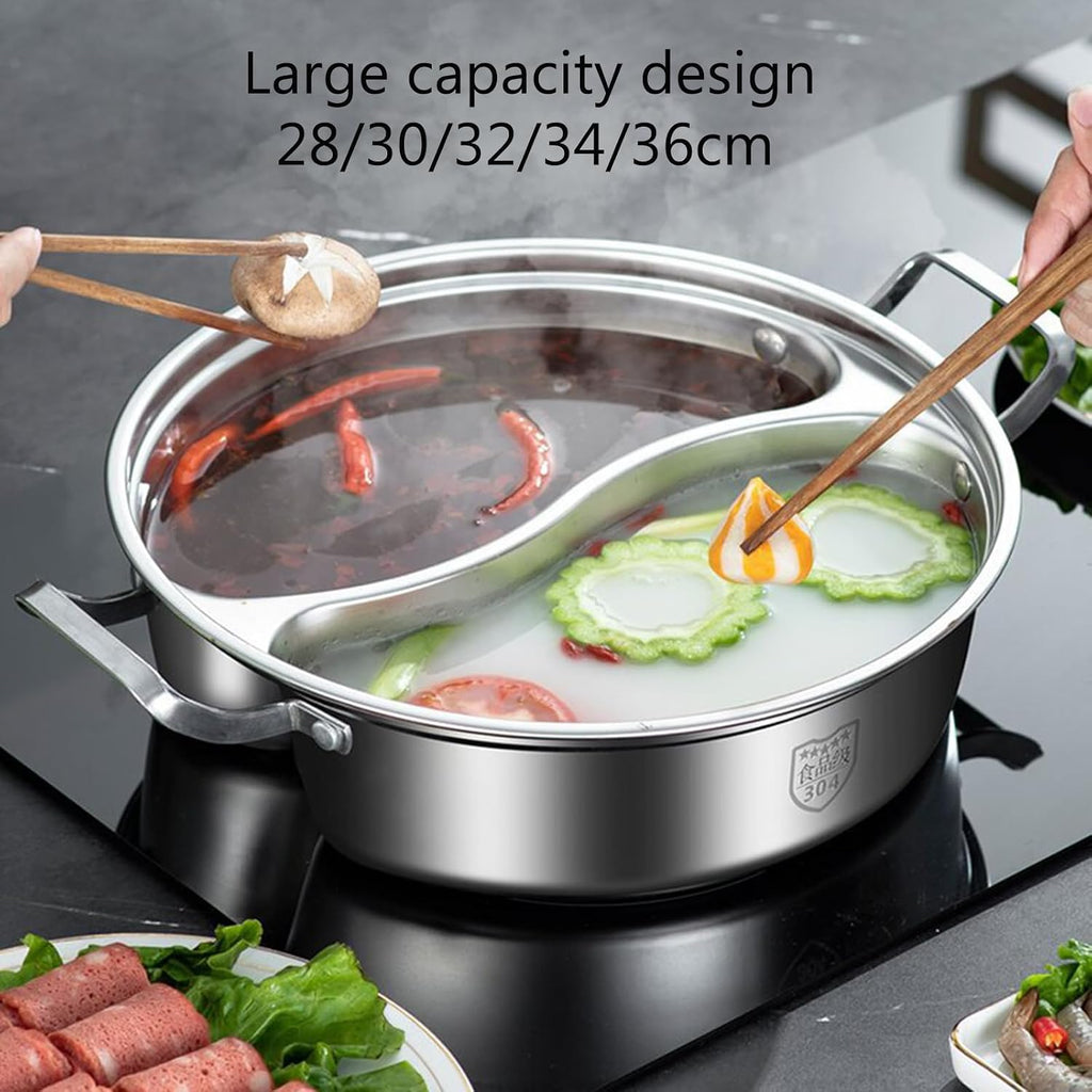 304 Food Grade Stainless Steel Dual-Sided Shabu Hot Pot - 28/30/32/34/36cm Double Flavor Pot Multicooker Soup Pot with Lid and Filter Basket for Induction Cooktop Gas Stove (32CM)
