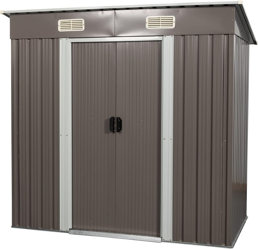 6x4 FT Outdoor Storage Shed, Metal Garden Shed with Frame Floor, Outside Tool Shed with Lockable Sliding Door, Waterproof Storage Building with Sloped Roof & Air Vents for Backyard, Patio, Warm Gray