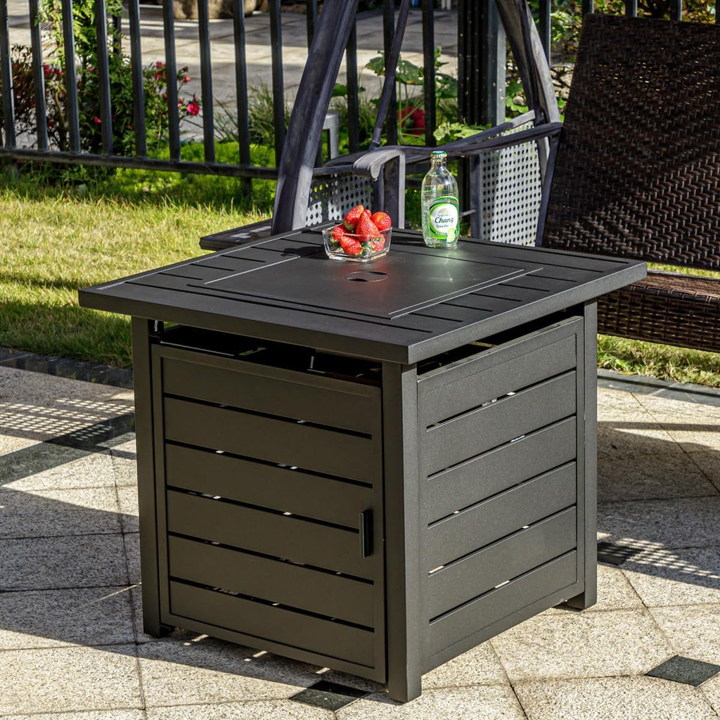 OutVue 28 inch Propane Fire Pit Table, Outdoor Gas Fire Pits with Lid & Lava Rock, 50000 BTU Firepit for Dinning, Party in Outside, Patio, Garden or Yard (Black)