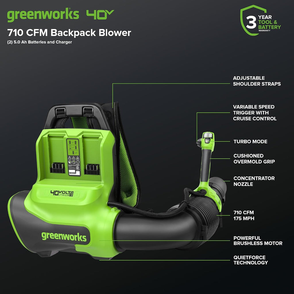 Greenworks 40V (710 CFM / 175 MPH) Brushless Backpack Blower, High Power for Wet Leaves, Heavy Debris, Gravel and Driveway Snow, Includes (2) 5.0Ah HP Batteries & 4A Dual Charger