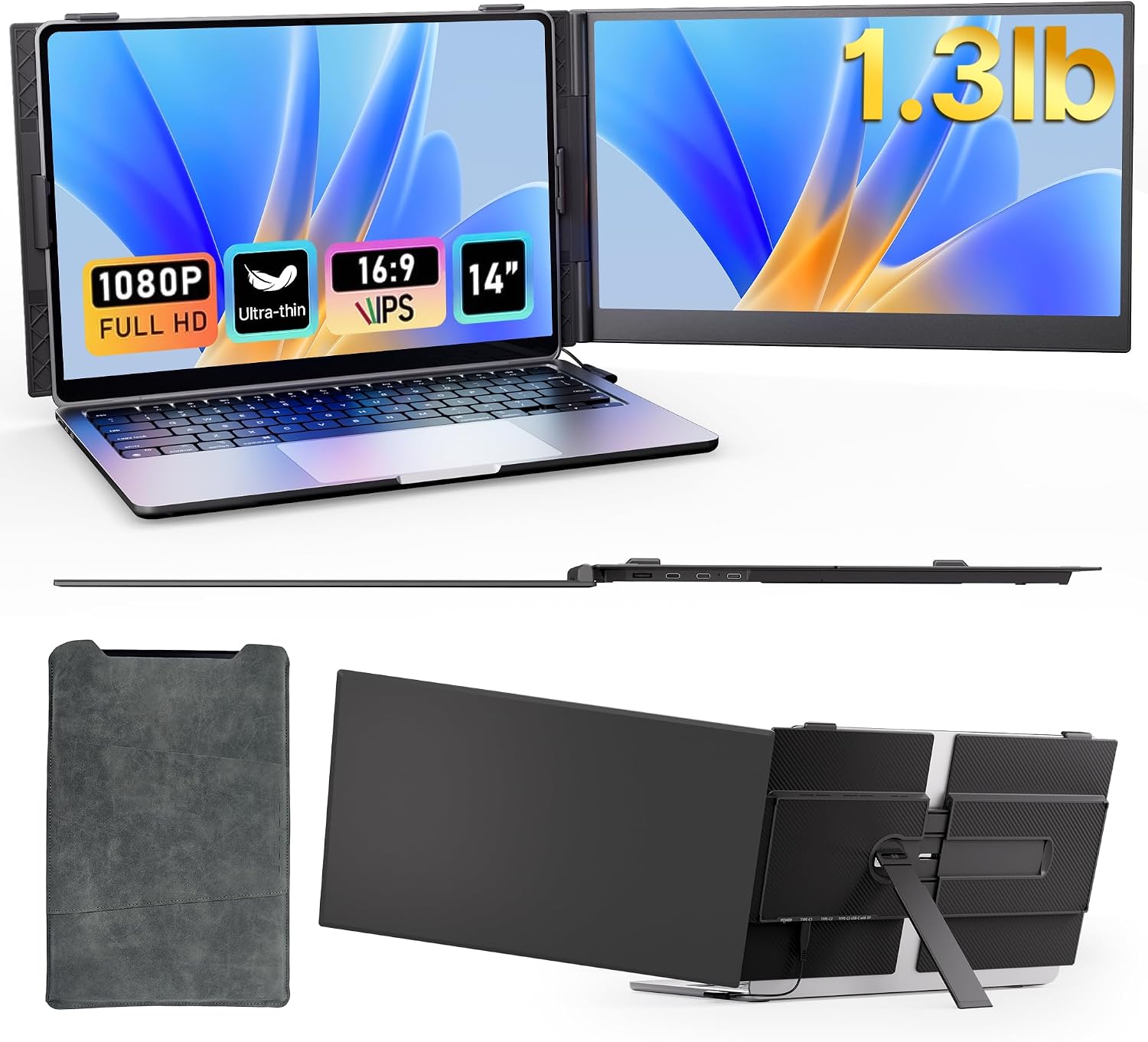 Laptop Screen Extender Monitor - Ultra-Thin Dual 14 inch IPS FHD 1080P Extended Monitors for 13'-17' Laptops Type-C/HDMI/USB-A Compatible with Windows Mac Travel Work