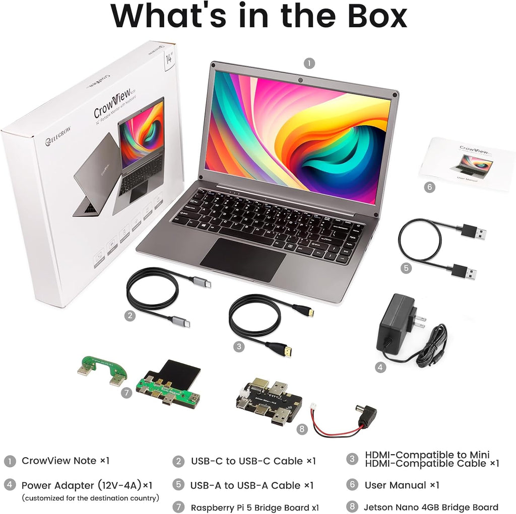 Portable Monitor with Keyboard,14inch 1080P FHD Lapdock Compatible with Mini PC/Phone/PC/Game Console,CrowView Note with RPi5 & Jetson Adapters(Full Feature TypeC & HDMI Cable Included)