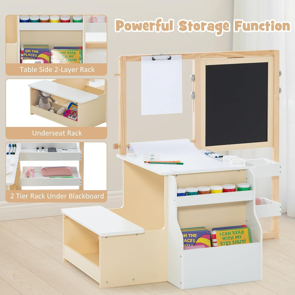 INFANS 3 in 1 Kids Art Table and Chair Set, Toddler Craft and Play Wood Activity Desk with Double-Sided Easel Blackboard Whiteboard, Paper Roll for Writing, Children Furniture for Daycare Nursery