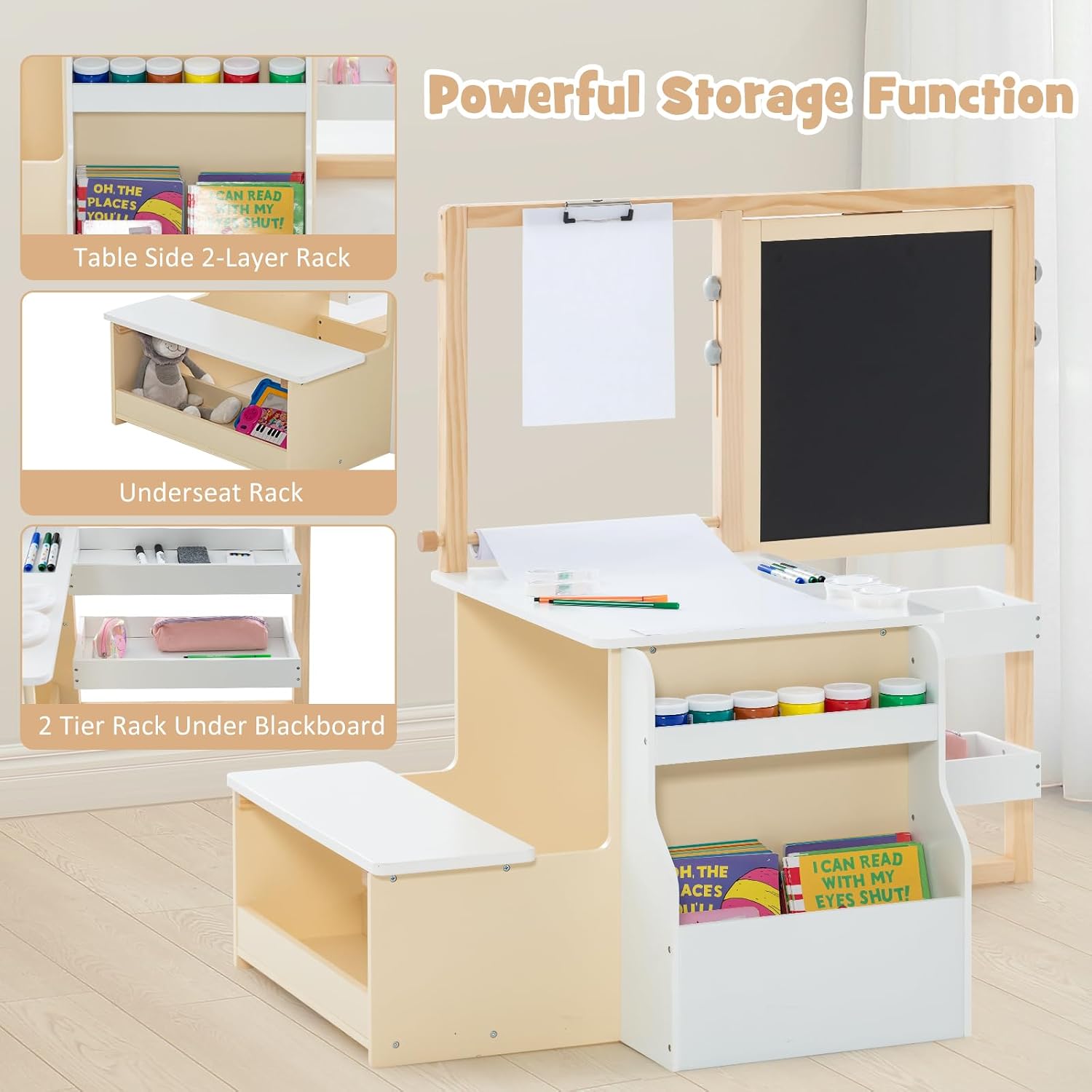 INFANS 3 in 1 Kids Art Table and Chair Set, Toddler Craft and Play Wood Activity Desk with Double-Sided Easel Blackboard Whiteboard, Paper Roll for Writing, Children Furniture for Daycare Nursery