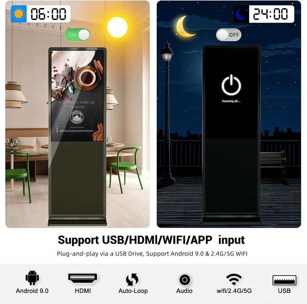 32/43/55/65 Inch Digital Signage Display, LCD Screen Advertising Display Kiosk Interactive Totem Floor Standing Auto AD Player with USB/HDMI/WiFi Android OS (65'' Touch Screen)