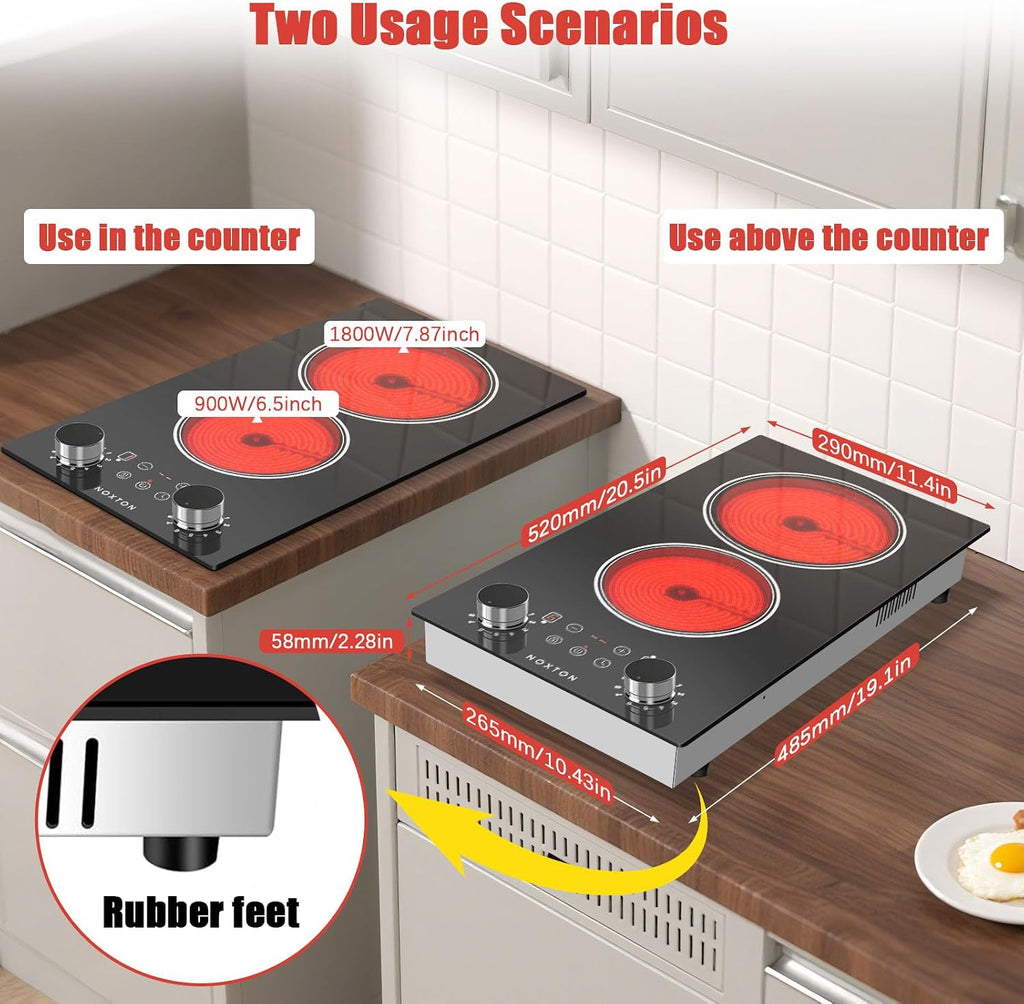 Noxton 2 Burners Electric Cooktop, 12 Inch 110V Radiant Ceramic Stove with Knob & Touch Control, 2000W Built-in or Countertop Electric Hot Plate, Timer, Child Lock, Residual Heat Indicator(B)