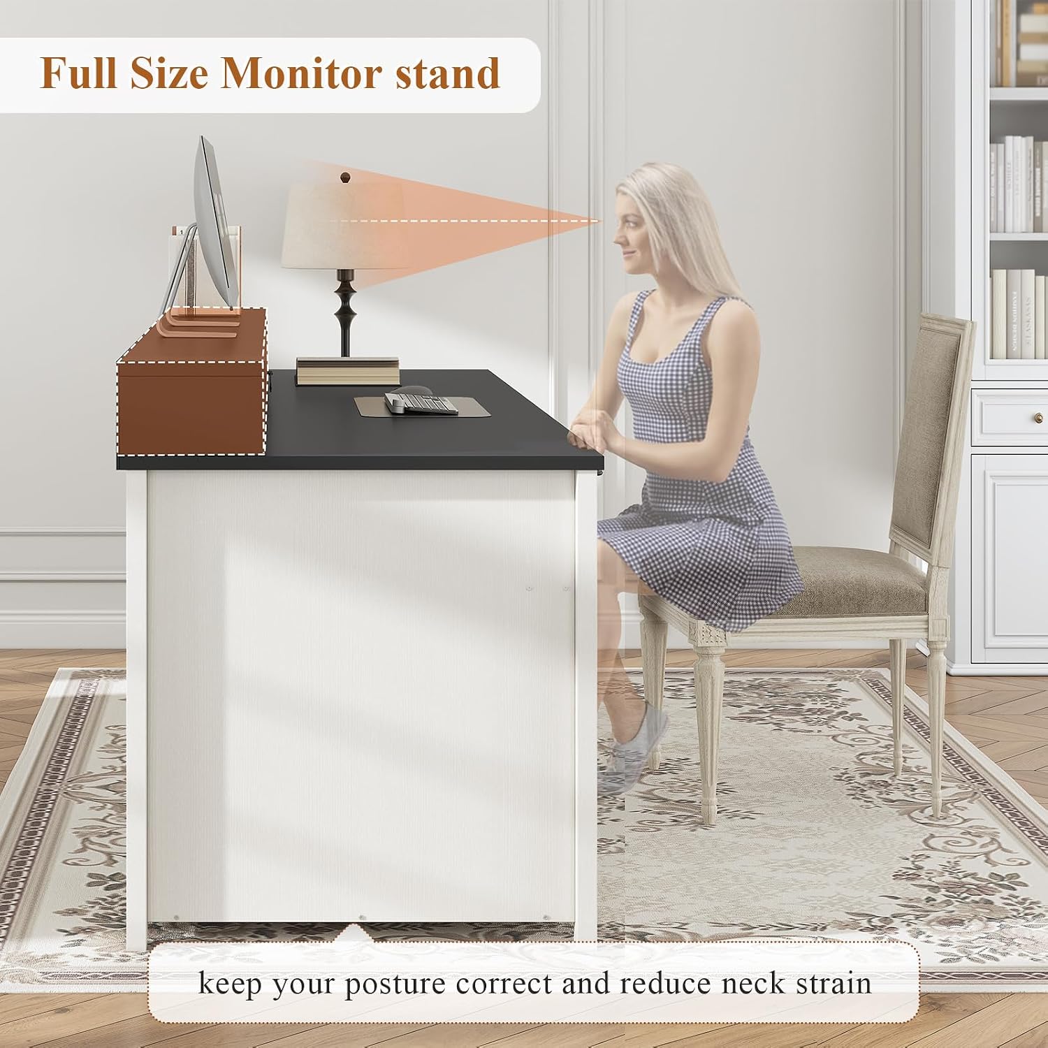 SEDETA Farmhouse 63' Executive Desk, Home Office Desk with File Drawer and Monitor Stand, Computer Desk with Drawers and Storage Cabinet, Wood Desk for Work Study Writing, White