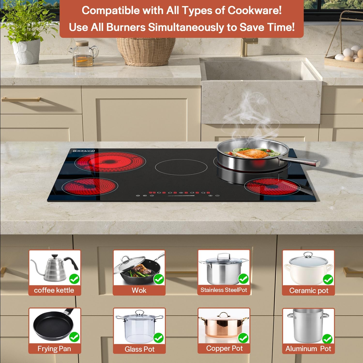 Empava 30 inch Electric Cooktop,Built in Radiant Ceramic Stove,5 Burners Including Dual Element and Warm Zone, 7200W, 220-240V Hard Wire, No Plug, ETL Certified