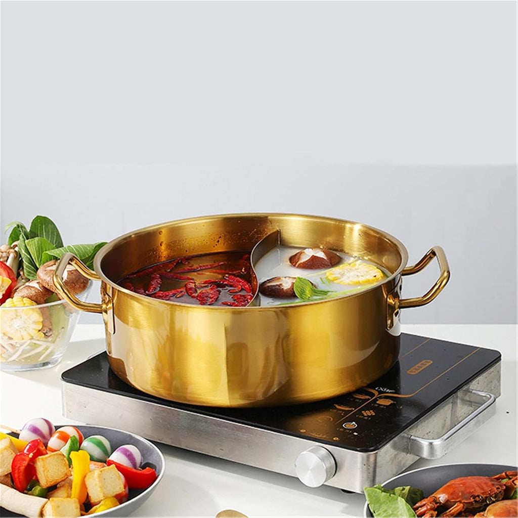 Hot Pot Cooker Shabu Shabu Hot Pot With Divider For Induction Cooktop Gas Stove Dual Sided Soup Cookware Dinner Together (Color : Gold Size : 28X10.4cm) (Gold 30x10.4cm)