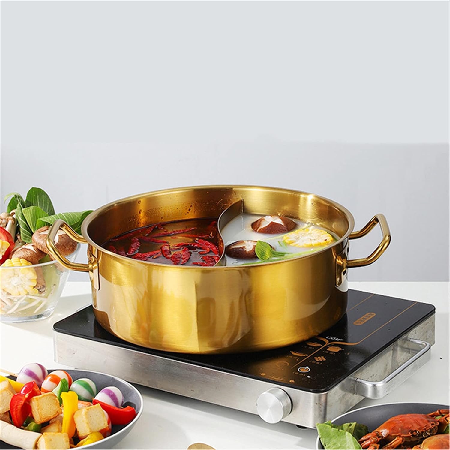 Hot Pot Cooker Shabu Shabu Hot Pot With Divider For Induction Cooktop Gas Stove Dual Sided Soup Cookware Dinner Together (Color : Gold Size : 28X10.4cm) (Gold 26X9.8cm)