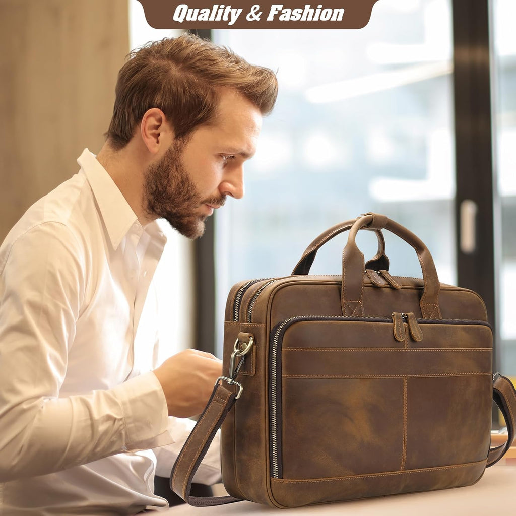 Jack&Chris Full Grain Leather Briefcase for Men, Business Messenger Bag Laptop Bag Attache Case, Fits 15.6 Inch Laptop