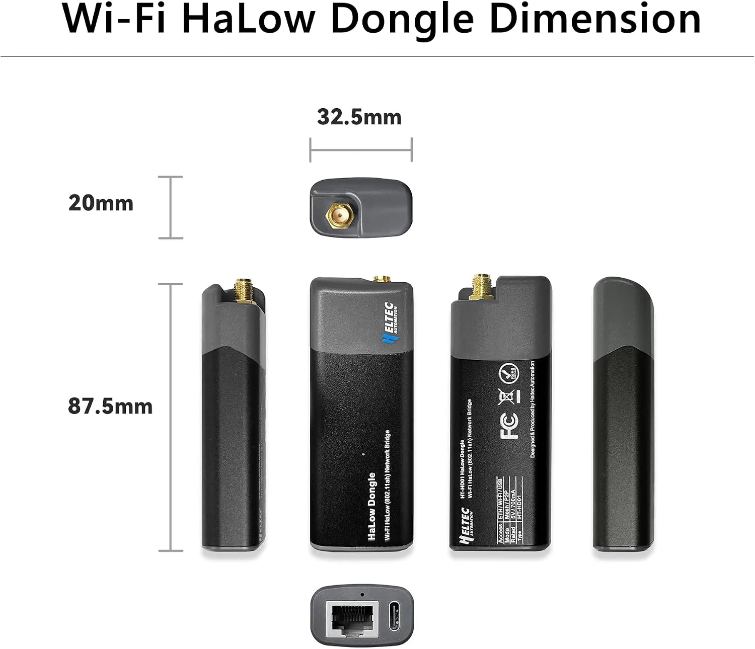 Wi-Fi HaLow Dongle IEEE 802.11ah Protocol 1km Ultra-Long-Range Wi-Fi or Ethernet Cable Lower Power Consumption Wireless Network Bridge 902-928MHz (AP and STA-1Pair)