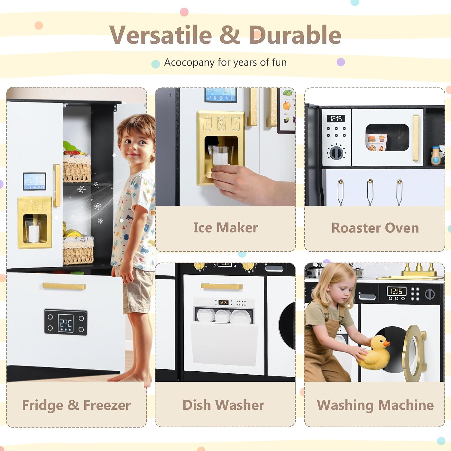 Kinder King Wooden Kids Play Kitchen, Toy Kitchen Playset for Toddler, Play Kitchen Set w/Transparent Coloring Board, Pretend Fridge, Washing Machine, Ice Maker, Gift for Boys Girls Age 3+, Black