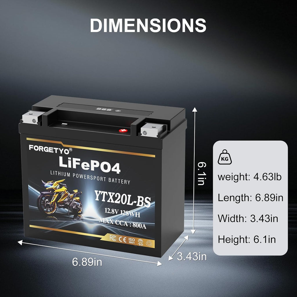 Lithium YTX20L-BS, 800A LiFePO4 Motorcycle Battery, 12V 10AH ATV, UTV, Jet Ski, 4 Wheeler,Snowmobile,Tractor,Generator and Riding Lawn Mower Battery