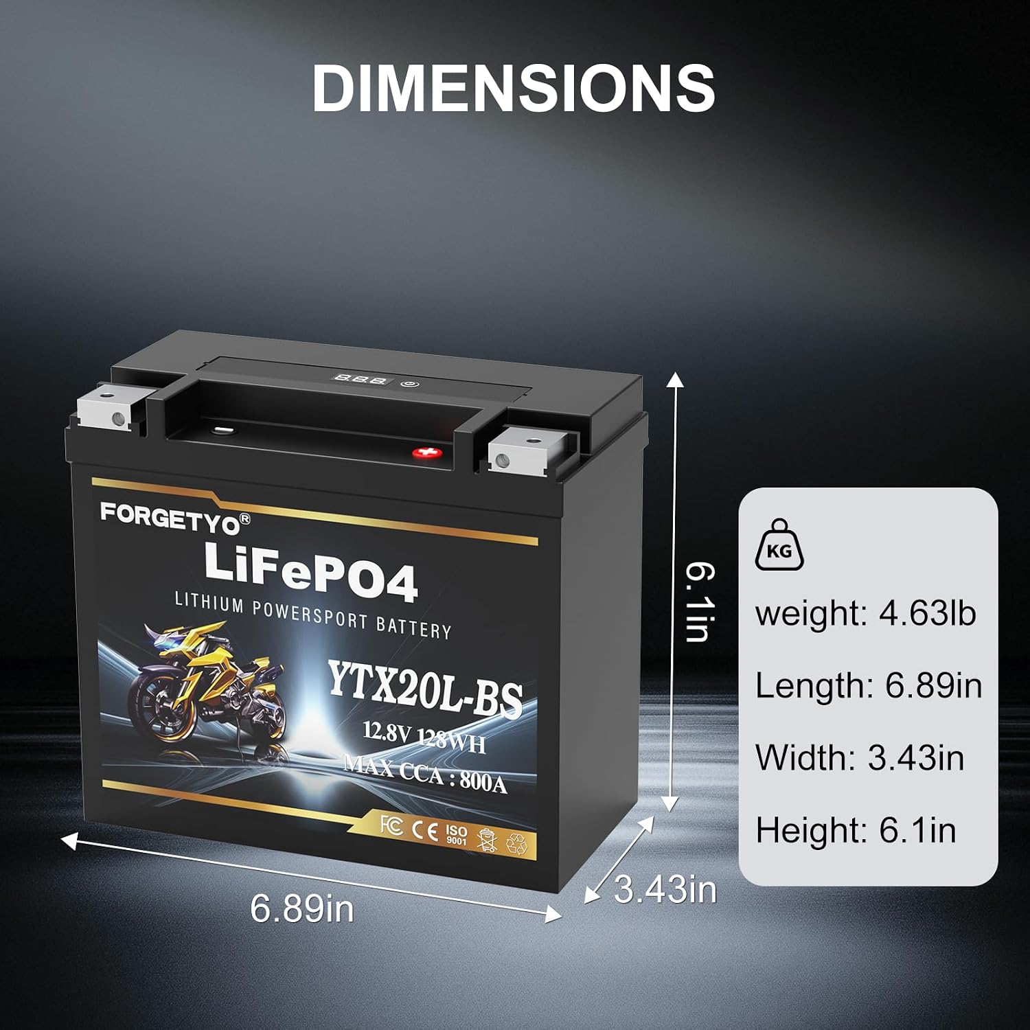 Lithium YTX20L-BS, 800A LiFePO4 Motorcycle Battery, 12V 10AH ATV, UTV, Jet Ski, 4 Wheeler,Snowmobile,Tractor,Generator and Riding Lawn Mower Battery