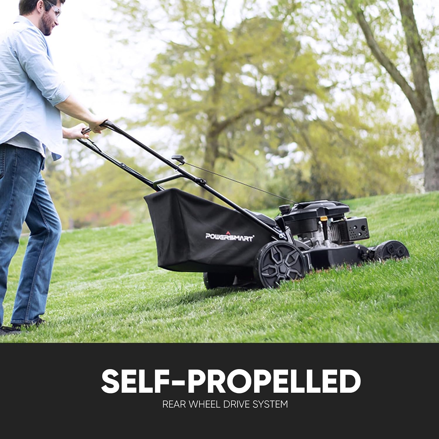 PowerSmart Self Propelled Gas Lawn Mower, 22 in. with 170cc OHV Engine, 3-in-1 Rear-Wheel Drive High Wheels, Black