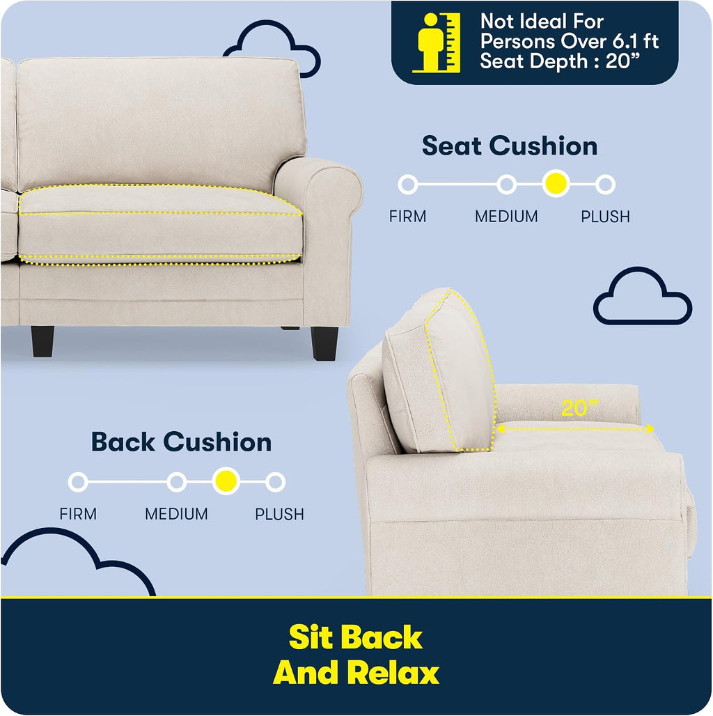 Serta Copenhagen 78' Rolled Arm Sofa, Easy Care Polyester, Soft Pillow Back, Pocket Coil Seat Cushions, Removable Covers, Loveseat or Couch for Small Spaces, Living Rooms or Bedrooms, Cream White