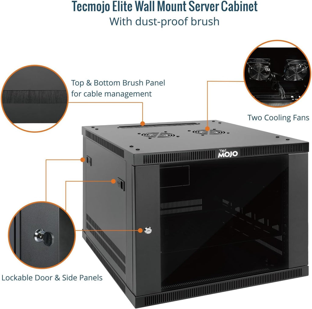 Tecmojo 9U Wall Mount Rack Cabinet, Heavy-Duty 176 Lbs High Load Capacity, 19' Enclosed Server Network Rack with Glass Door, 17.7' Deep – Elite Collection