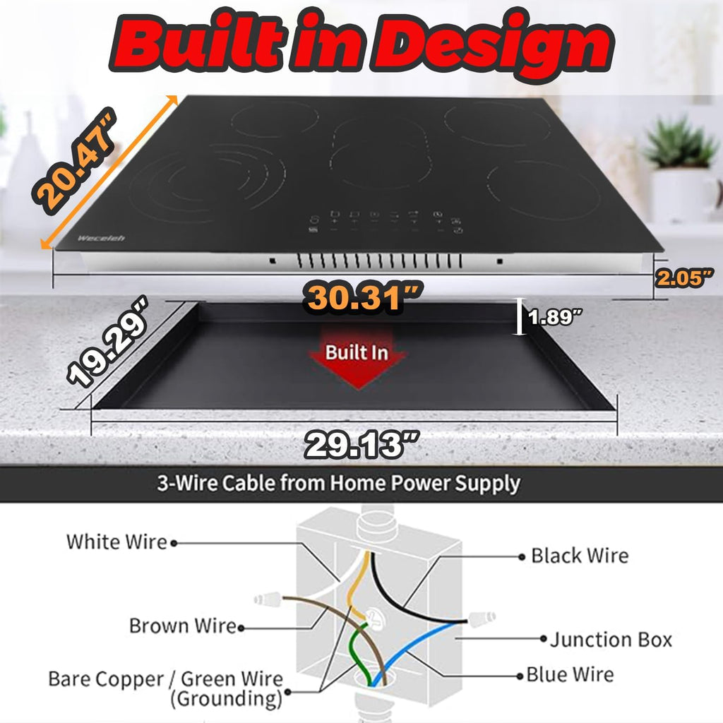 Electric Cooktop 30 Inch 5 Burners, Electric Stove Top 30 Inch, Glass Flat Top Ceramic Cooktop Stove, Built-In, Timer, Child Lock, 9 Power Levels, Black, 220-240V(No Plug), 8500W